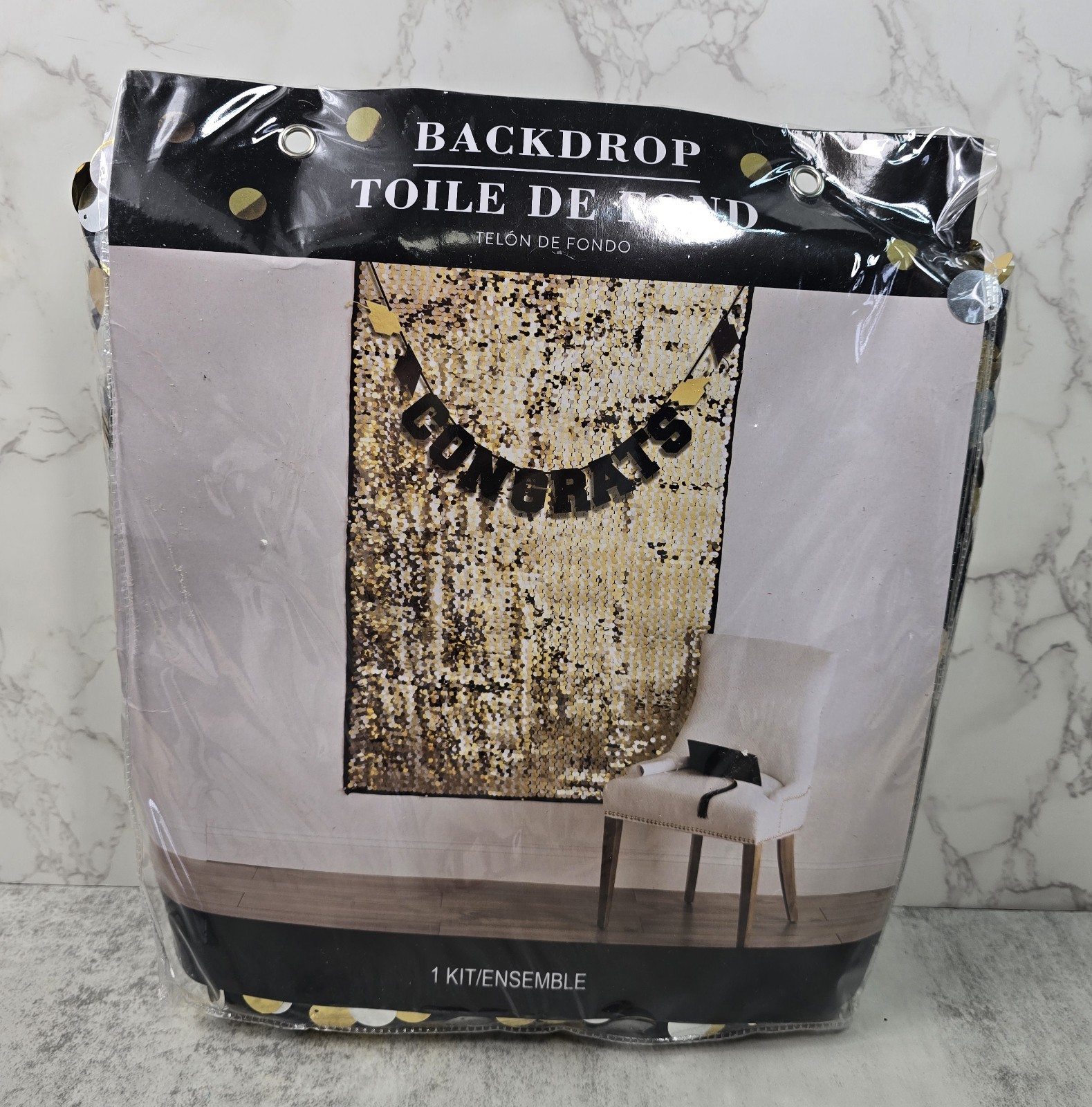 Amscan Gold Silver 6×4 Sequin Backdrop Black Congrats Graduation Party New Year