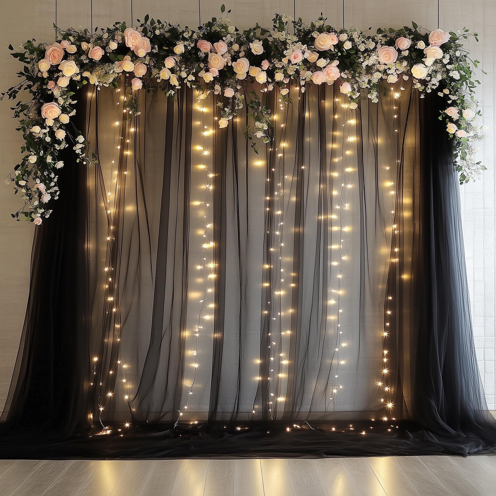 2 Panels 5×10 Ft Black Sheer Tulle Backdrop Curtain String Lights 10×10 Ft Set