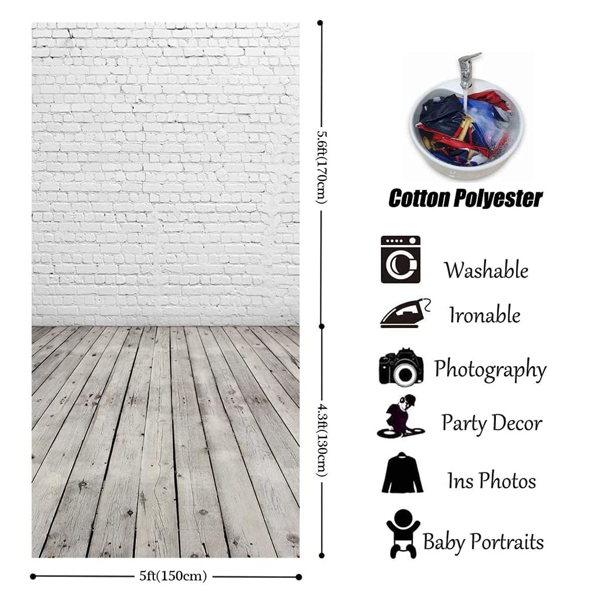 5×10 Ft White Brick Wall Gray Wood Floor Photography Backdrop Vinyl Background