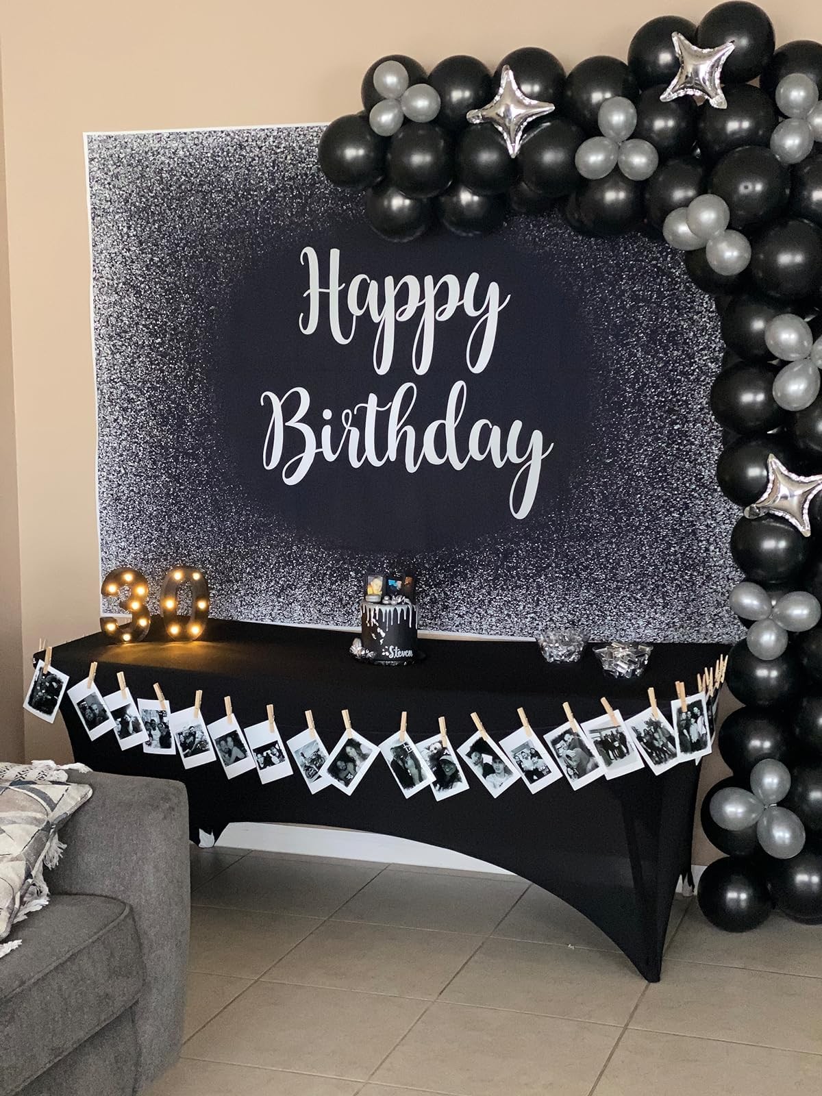 1 Pack 7x5FT Black, Silver Happy Birthday Backdrop, Grey Glitter, Photography