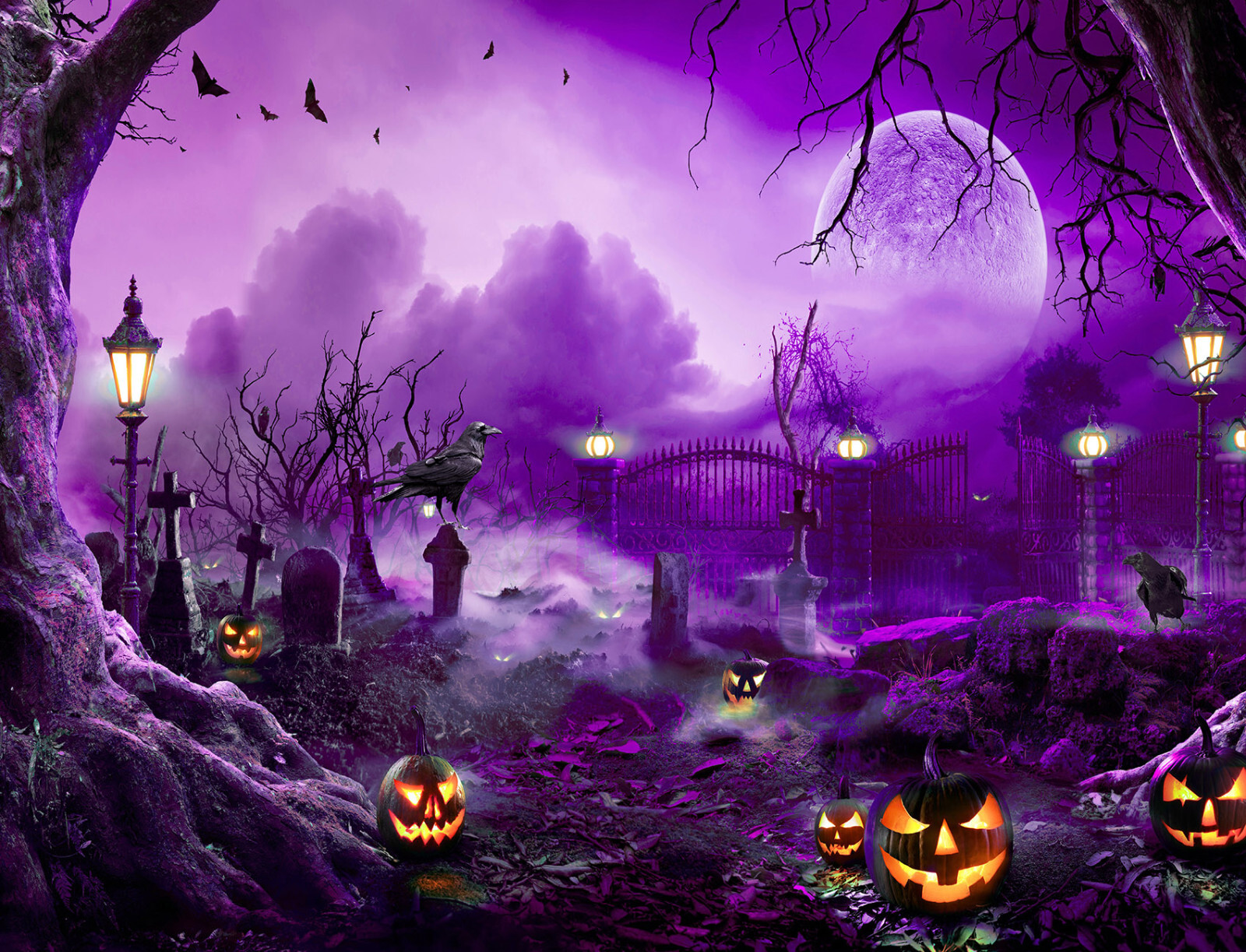 10x8ft Purple Fall Moon Crow Cemetery Halloween Photo Background Studio Props