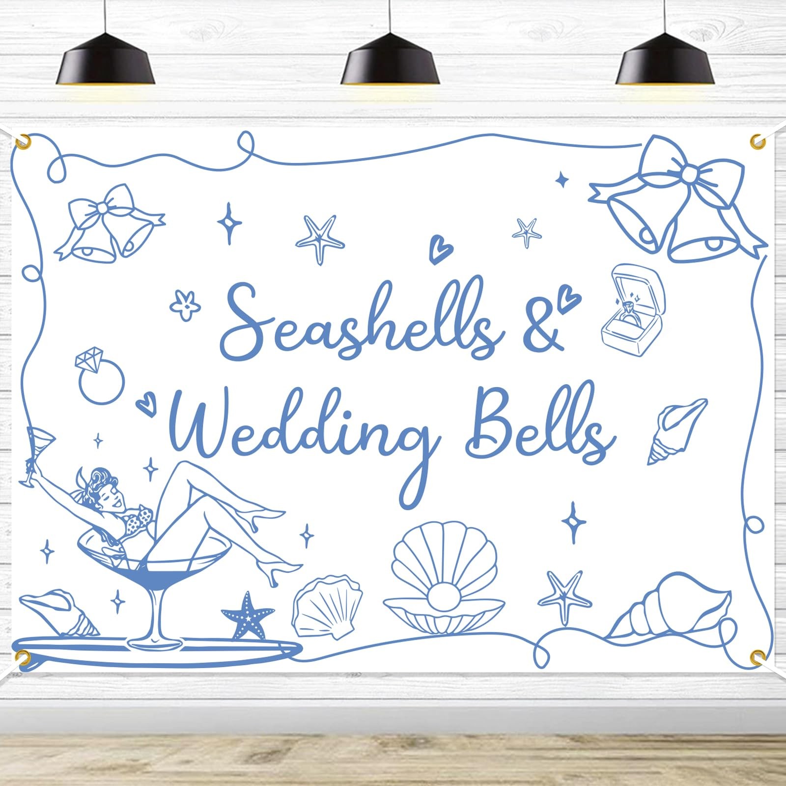 Seashells & Wedding Bells Backdrop Banner – Coastal Bachelorette Party Decora…