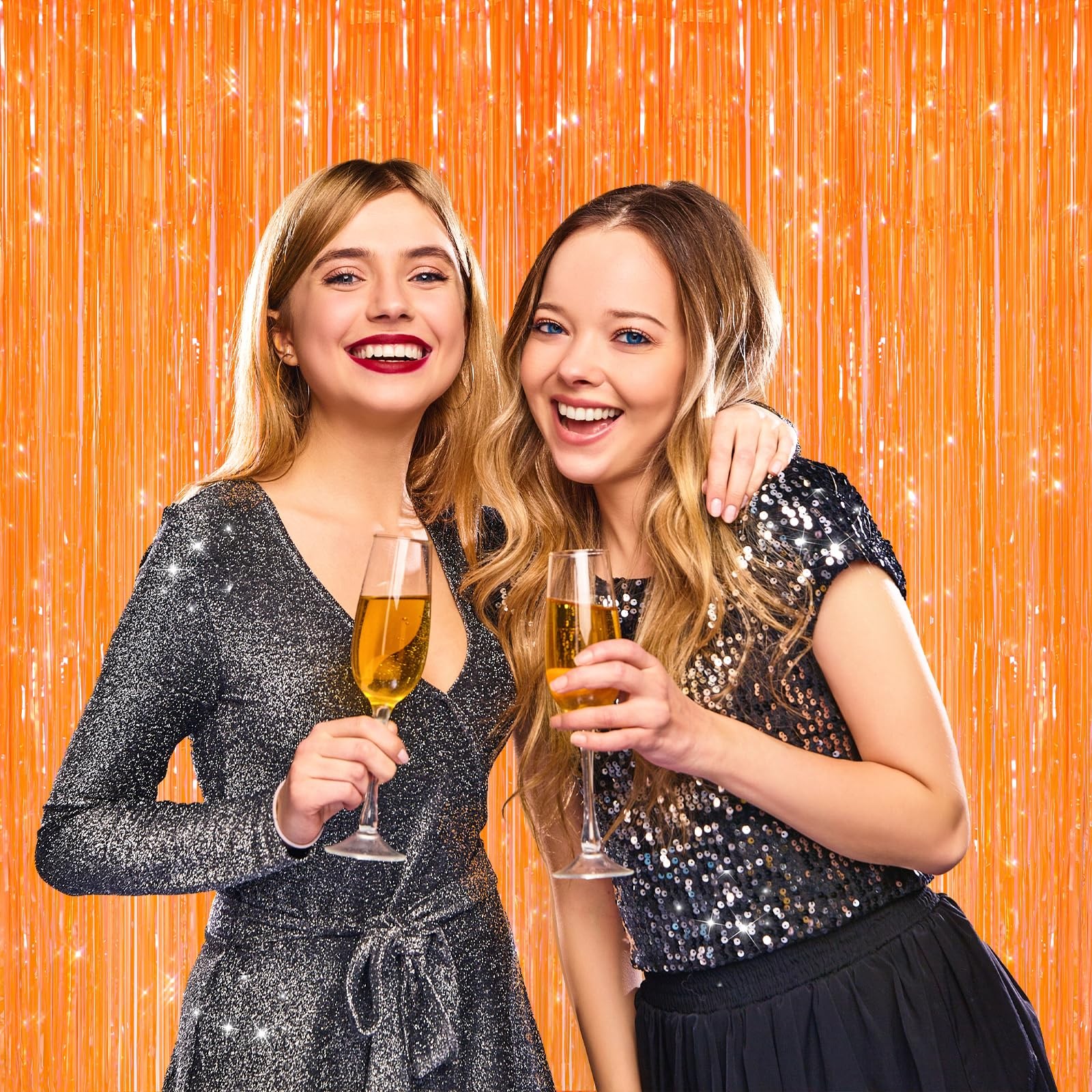 2 PCS Orange Metallic Tinsel Foil Fringe Curtains Door Streamers Photo Booth