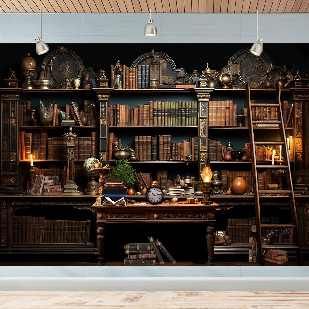 7X5FT Vintage Bookshelf Photography Backdrop Classical Study Room Medieval Books