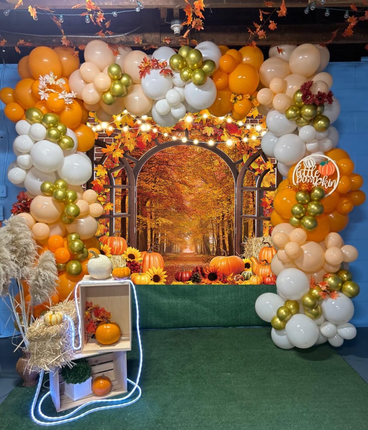 10x8FT Fall Window Backdrop Autumn Harvest Pumpkins Maple Leaves Vinyl Photo