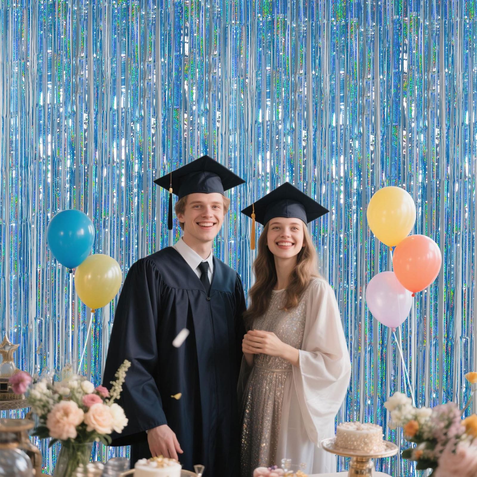 Light Blue Metallic Streamer Backdrop with Glitter Tinsel,3.28 x 6.56ft Foil …