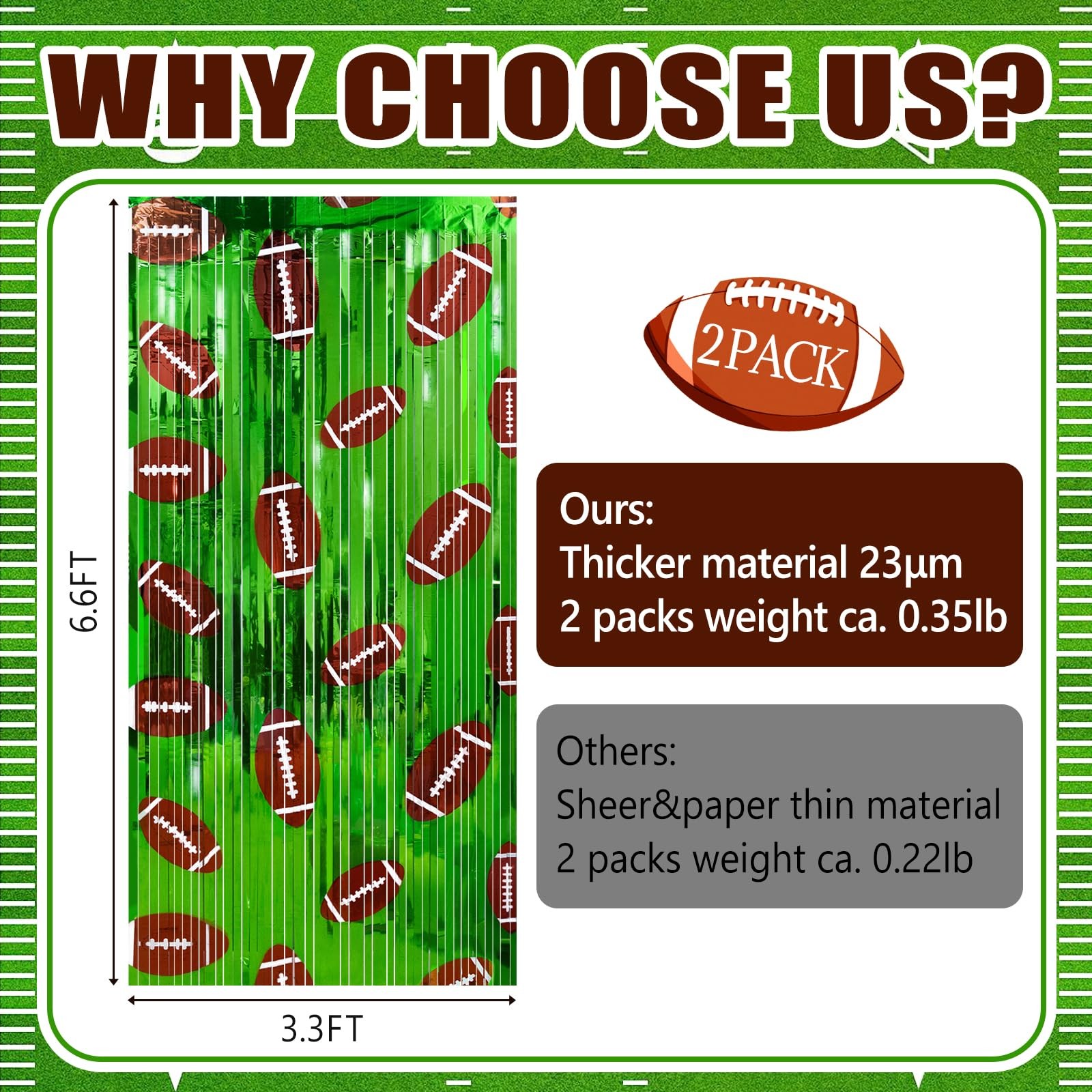 2 PCS 3.3×6.6 FT Football Party Decorations Thickened Tinsel Backdrop Curtains