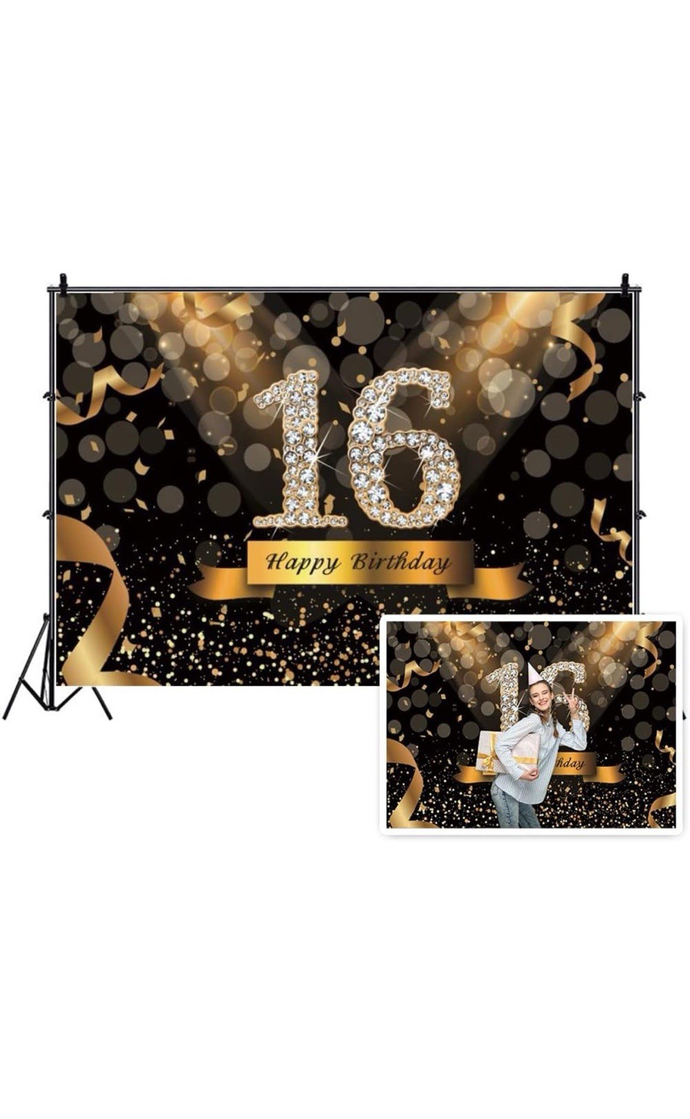 Black Gold 16th Happy Birthday Backdrop Gold Glitter Photography Background
