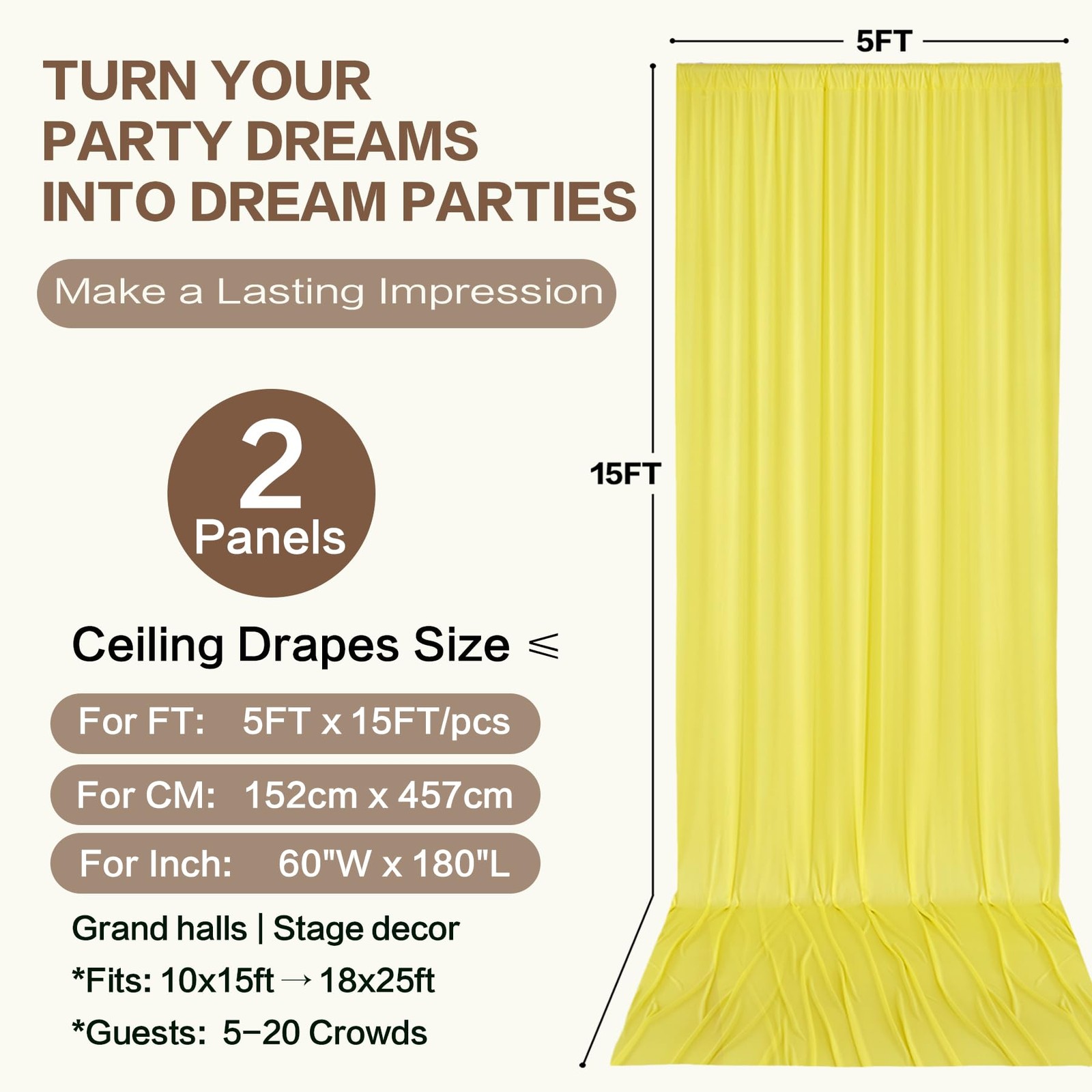 2 Panels 10×15 FT Light Yellow Wrinkle Free Polyester Photo Backdrop Curtains