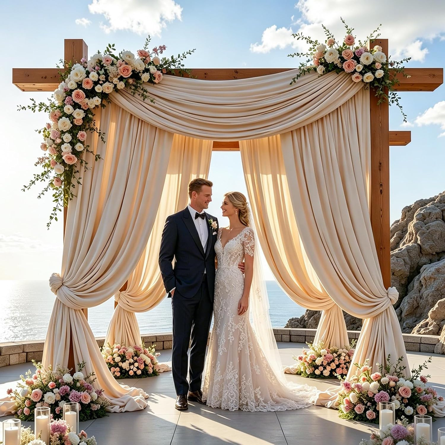 Warm Ivory Backdrop Curtain for Wedding, Polyester Photo Backdrop Drapes – 40FT