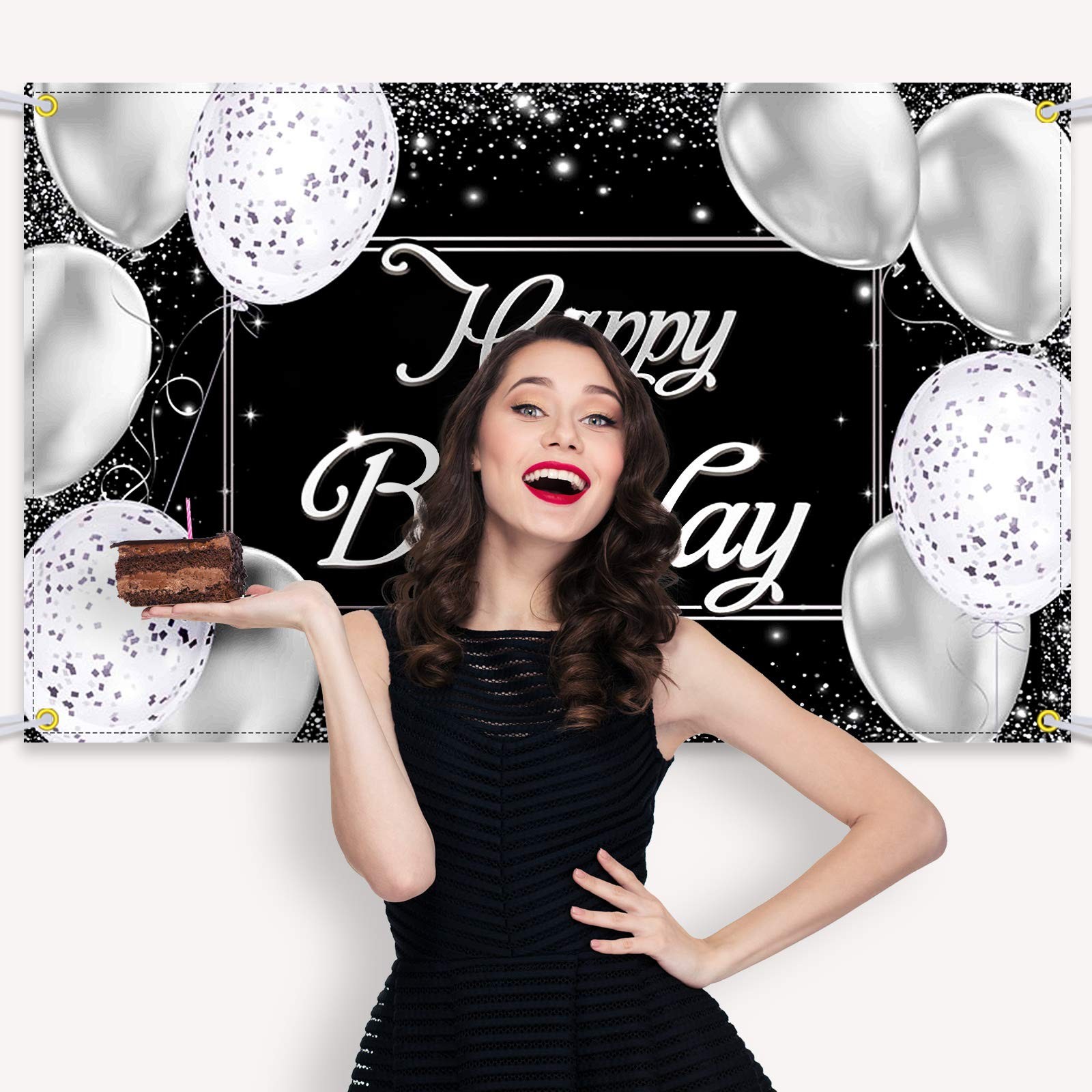 Silver Black Birthday Party Backdrop Silver Black Happy Birthday Banner Silver