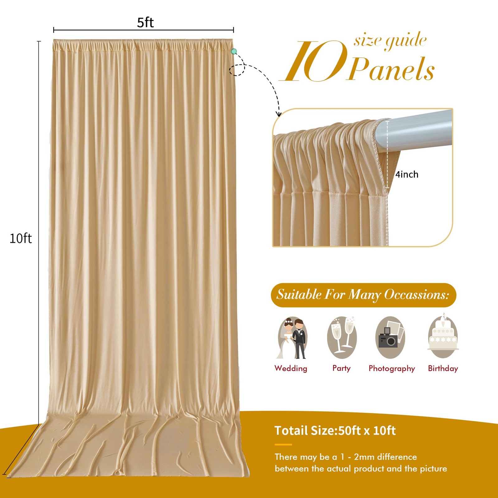 50 ft x 10 Wrinkle Free Champagne 5′(W) x 10′(H), 10 panels,