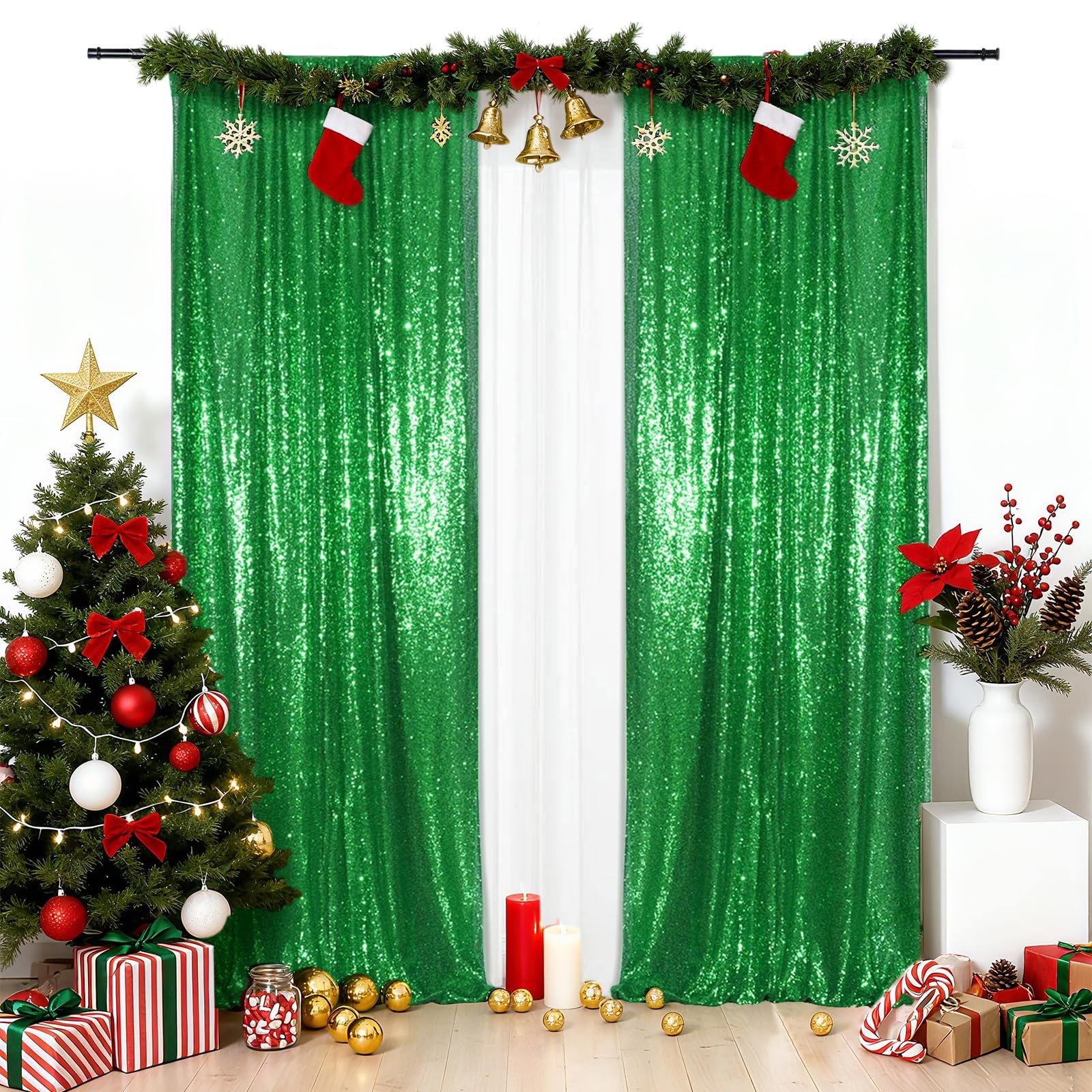 PartyDelight Green Sequin Backdrop Curtains 24″W x 96″L (Pack of 2),