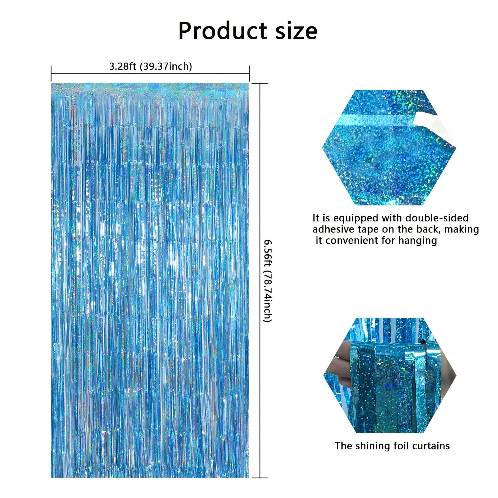 Light Blue Metallic Streamer Backdrop with Glitter Tinsel,3.28 x 6.56ft Foil …