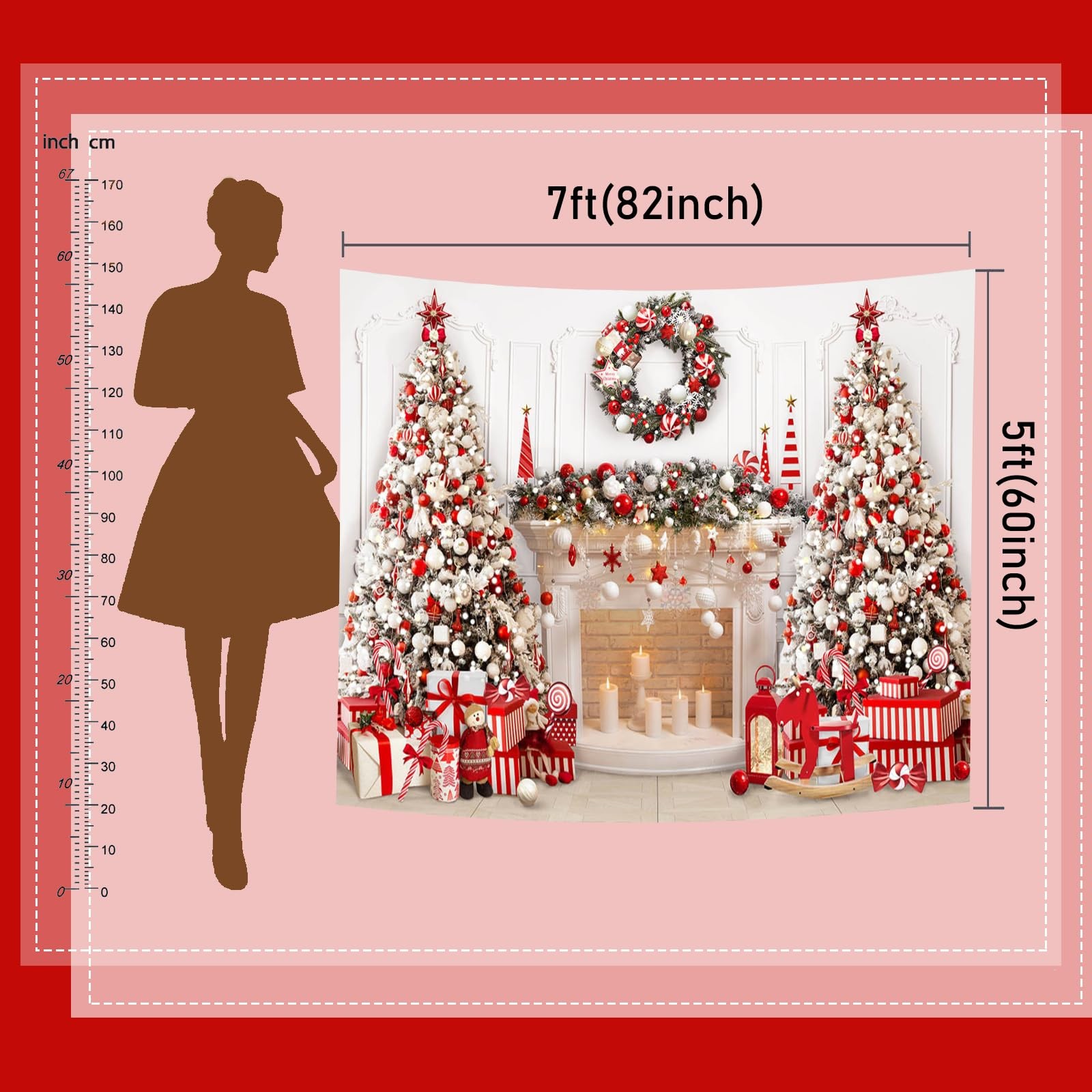 Mocsicka Merry Christmas Fireplace Backdrop (Red, 7x5ft(82”x60”), Red