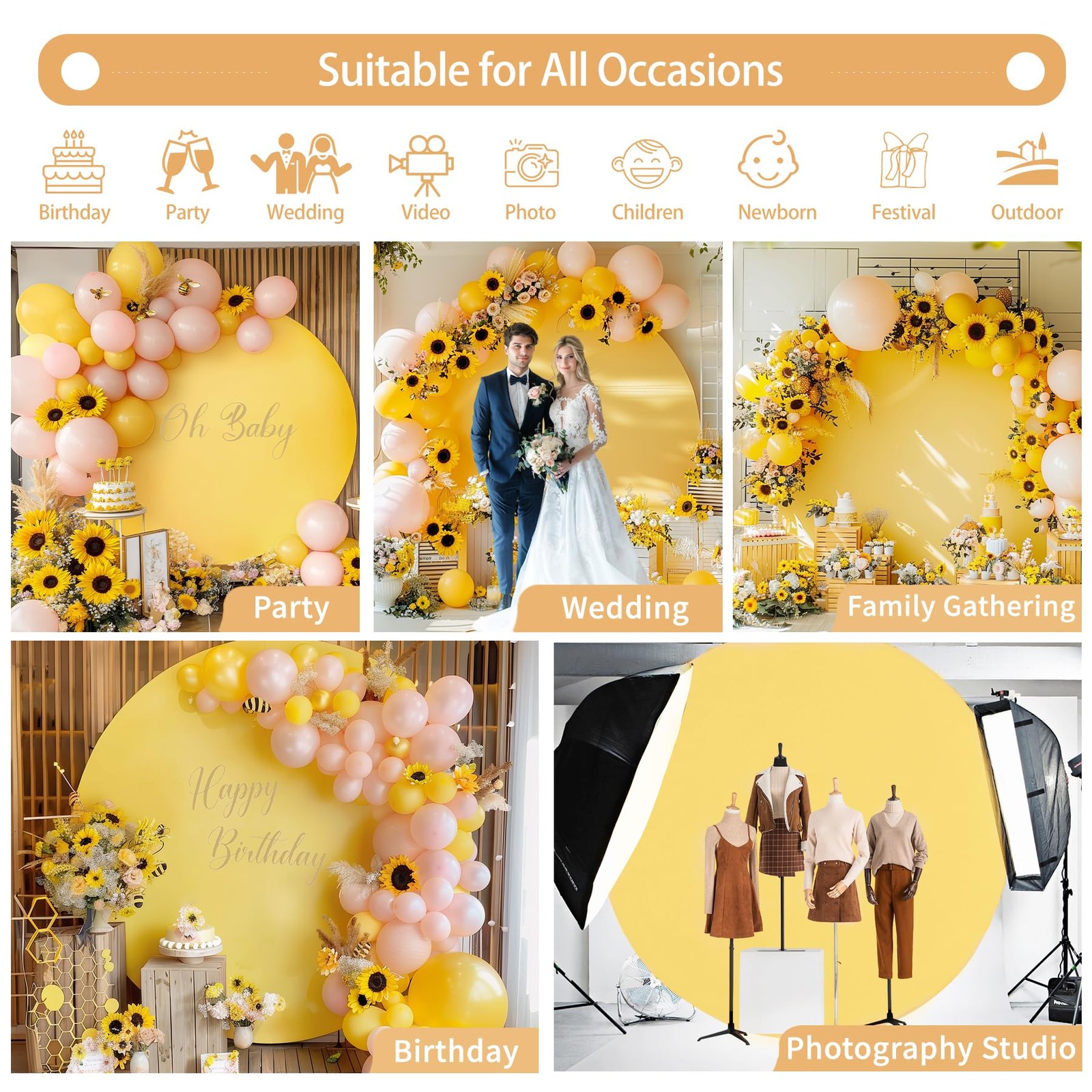 Yellow Round Backdrop Cover 7.2FT for Circle Stand Wedding Party Photography