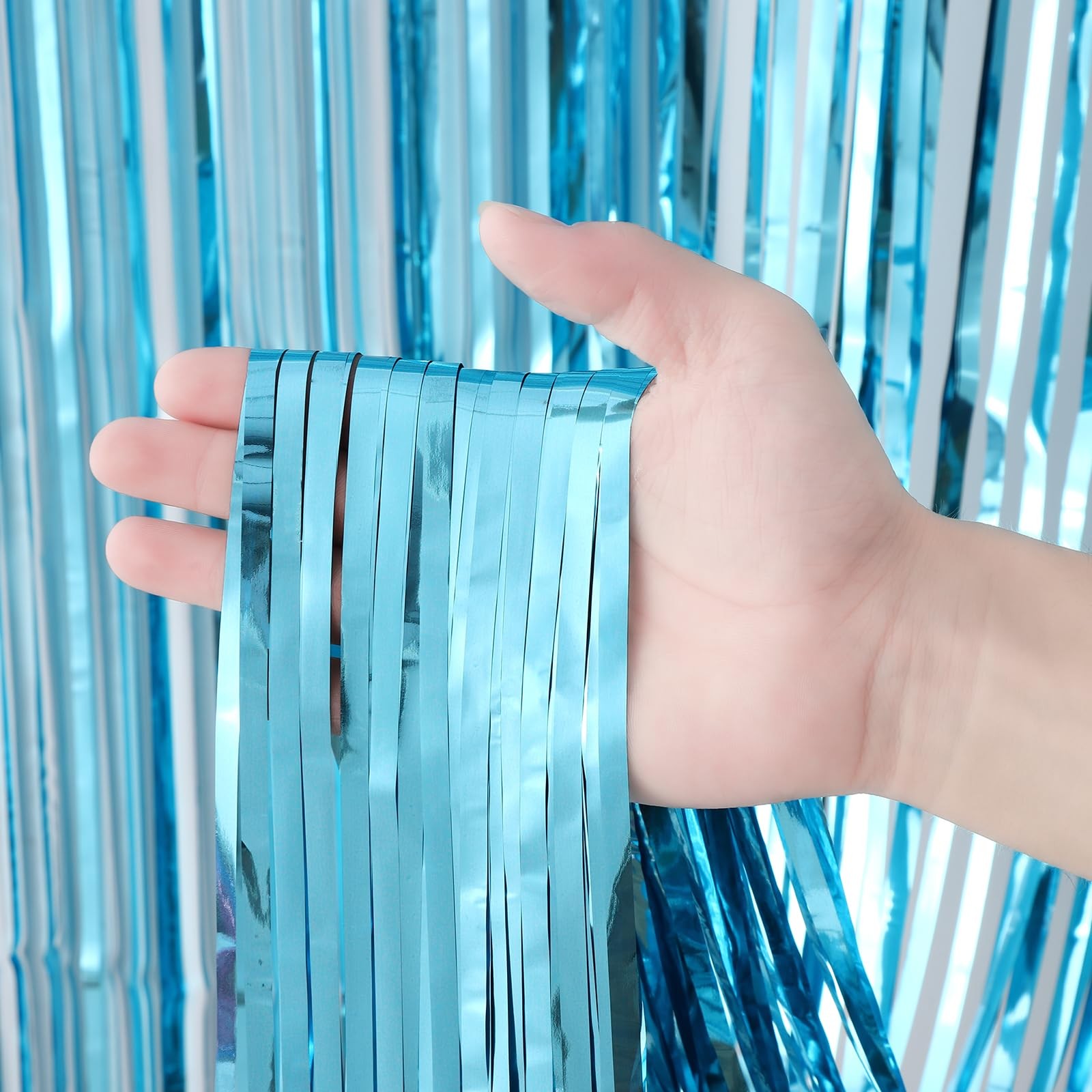 3 Pack 3.3×8.2 Ft Light Blue Foil Fringe Backdrop Curtains Tinsel Streamers