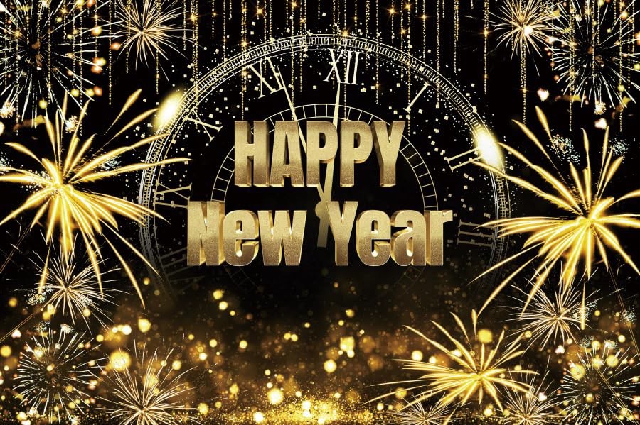 Happy New Year Backdrop Firework Gold Shining Champagne Wine Glasses Black Go…