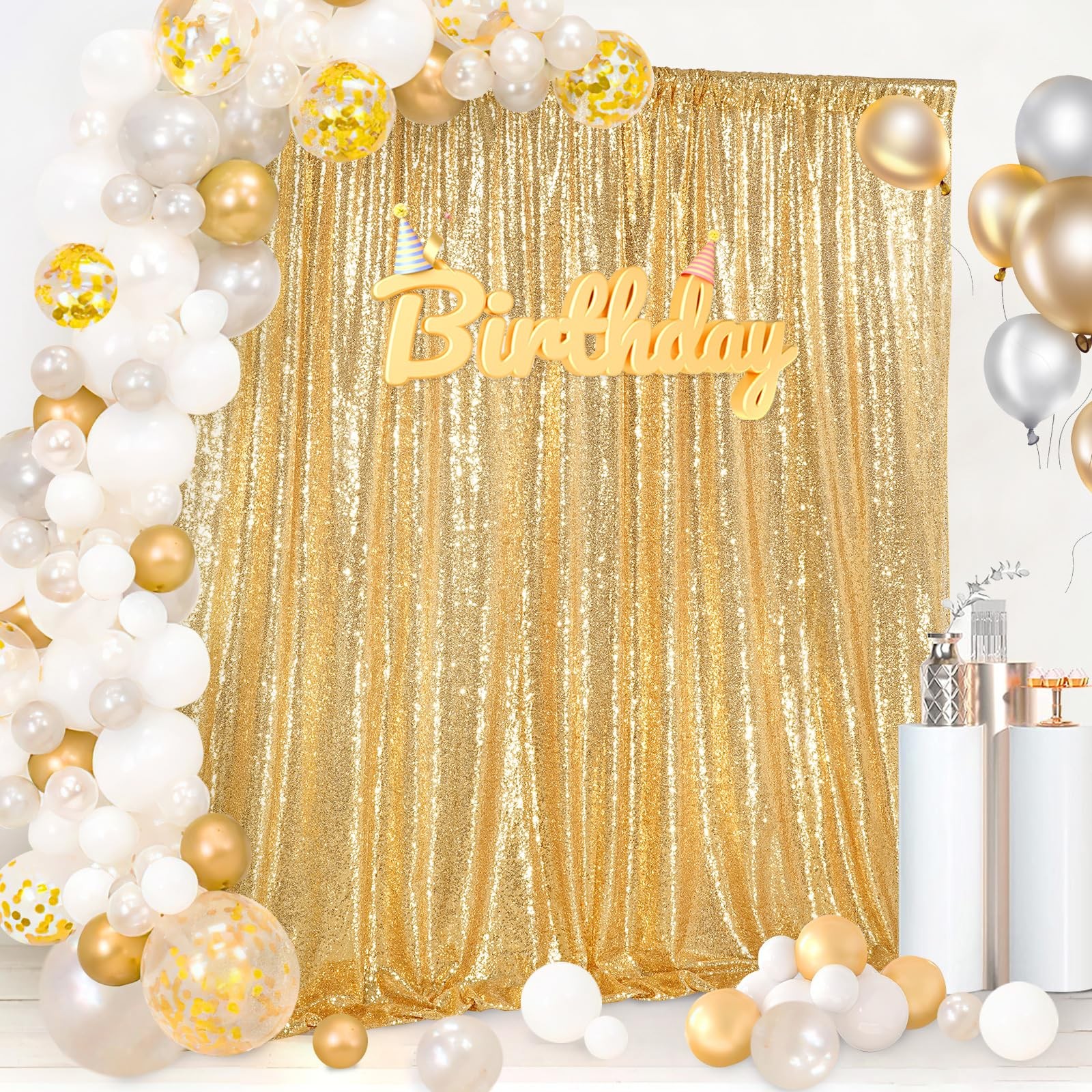 7ft x 7ft Gold Sequin Backdrop Curtain Glitter Photo Booth Backdrop for Weddi…
