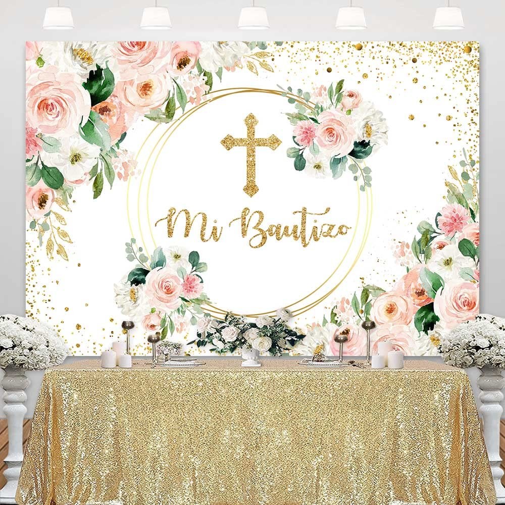 Spanish Mi Bautizo Girl Pink Floral Gold Glitter Baptism Backdrop 7x5ft Mat