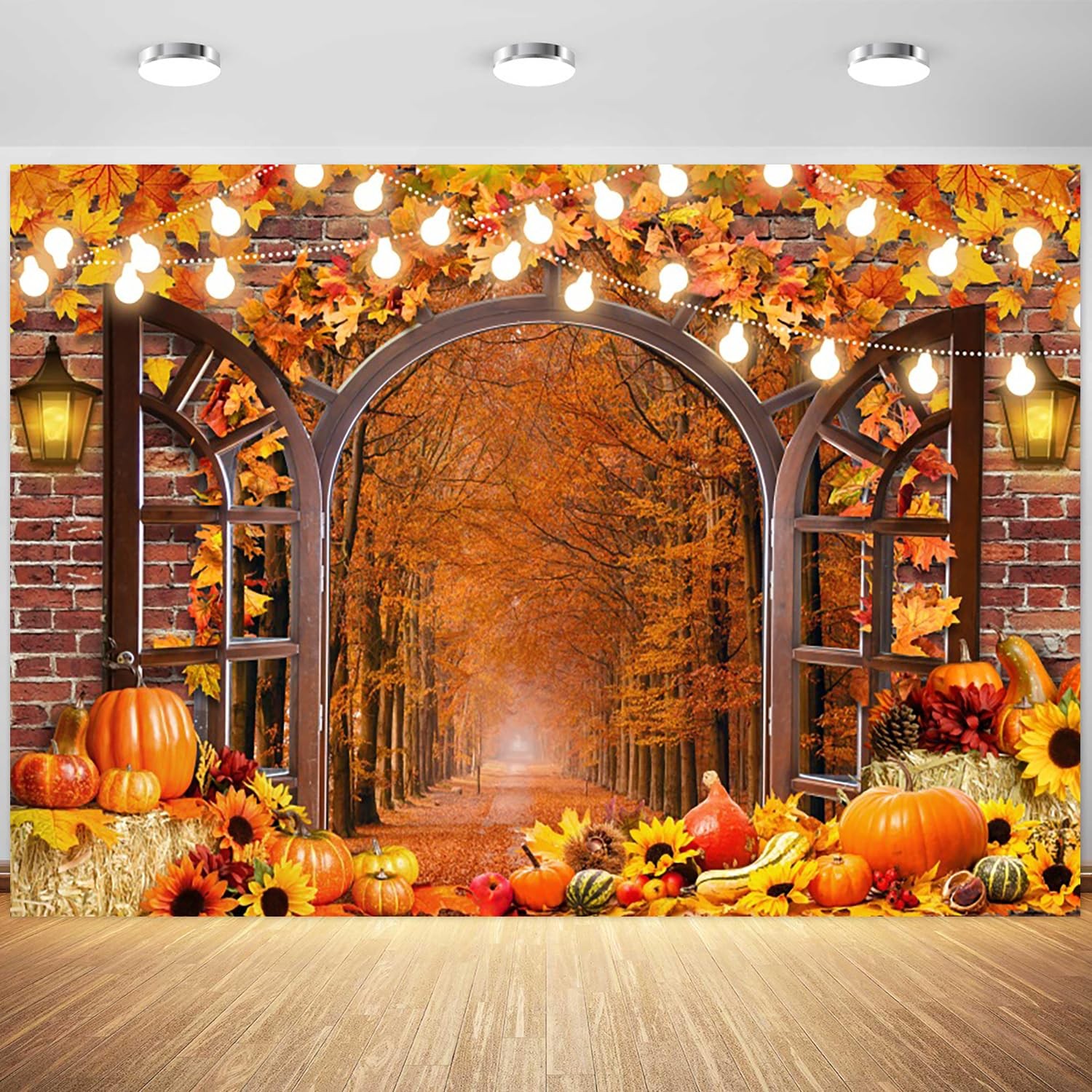 10x8FT Fall Harvest Pumpkin Window Brick Wall Photo Backdrop Party Booth Prop