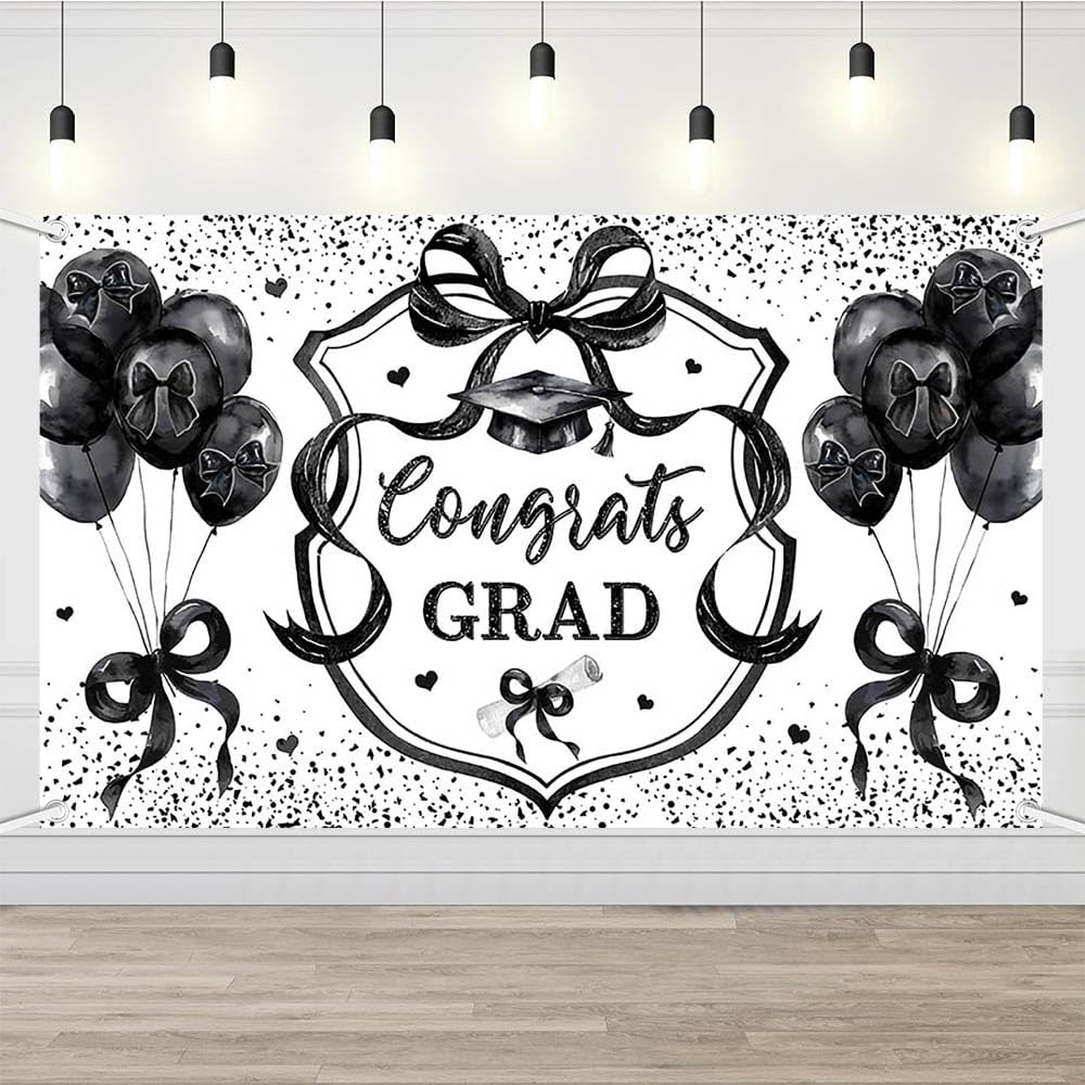 Coquette Congrats Grad Backdrop Black Bow 2026 Graduation Photography Background