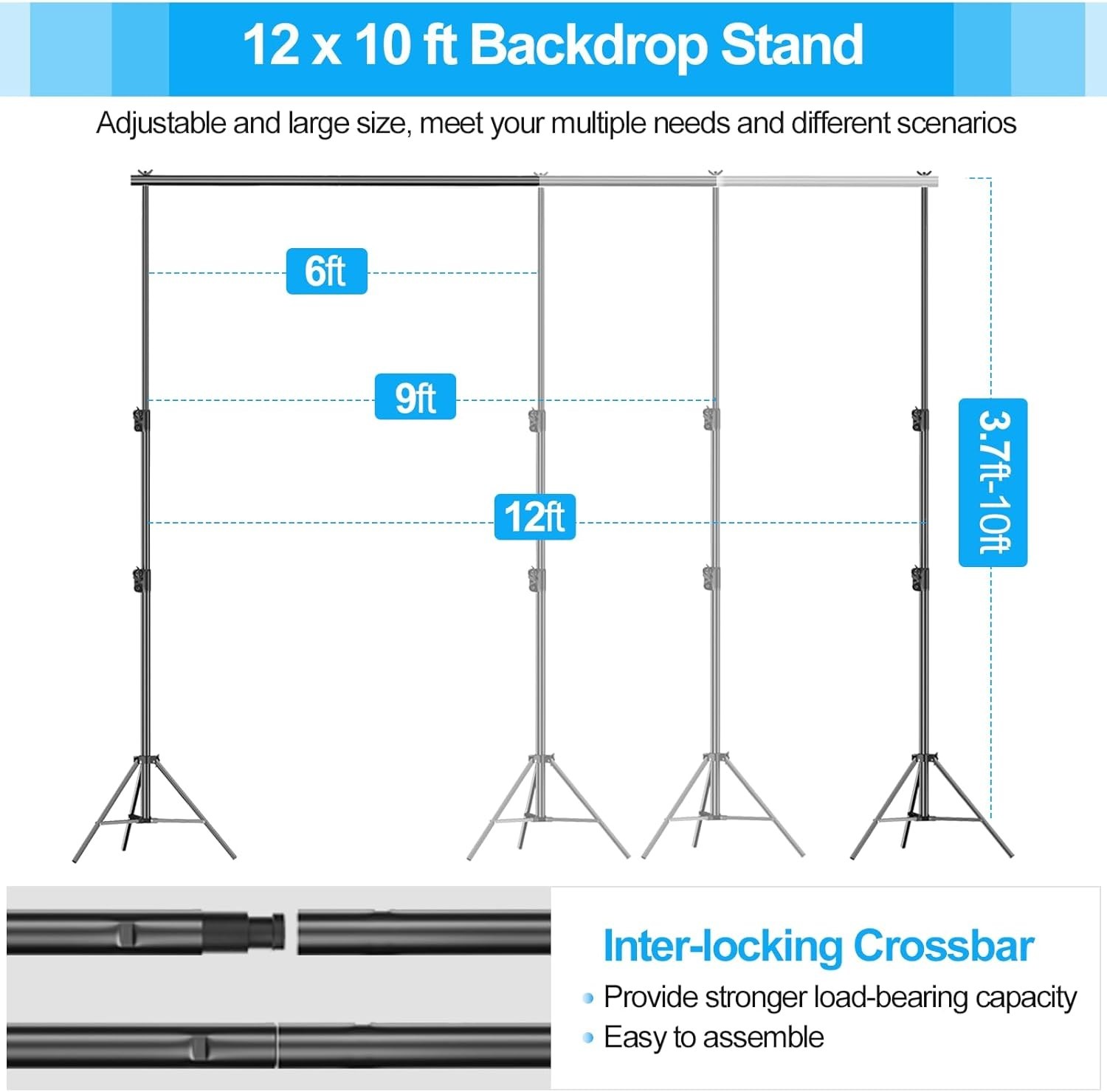 Heavy Duty Backdrop Stand 10x12ft with Portable Carry Bag for Ultimate Stability