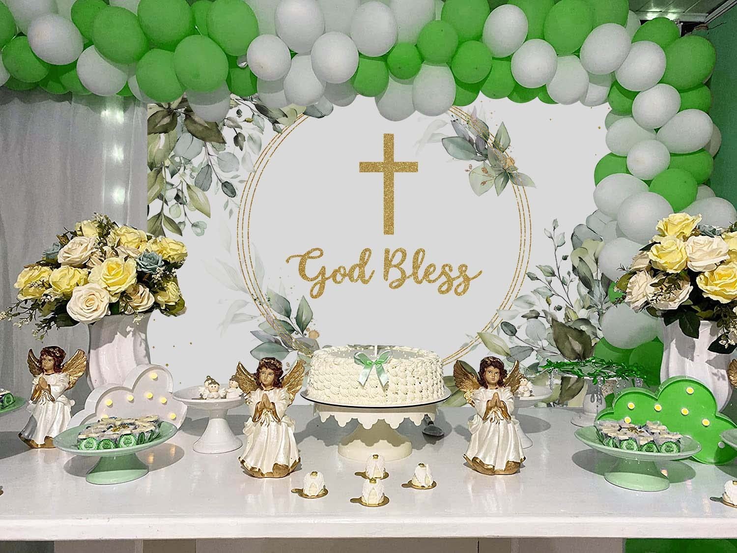 God Bless Backdrop 7×5 FT Eucalyptus Green Leaves Baby Shower Party Decor