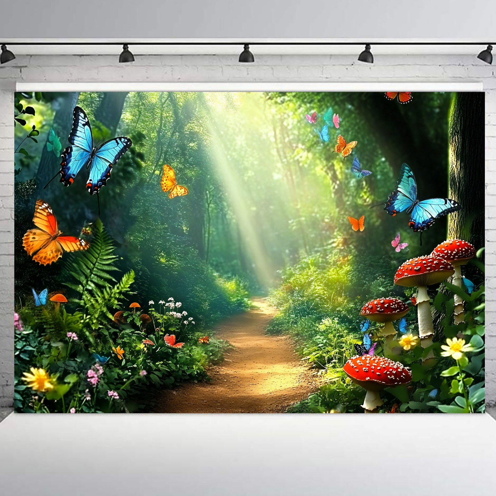 10x8ft Spring Butterfly Mushroom Green Forest Vinyl Backdrop Photo Background