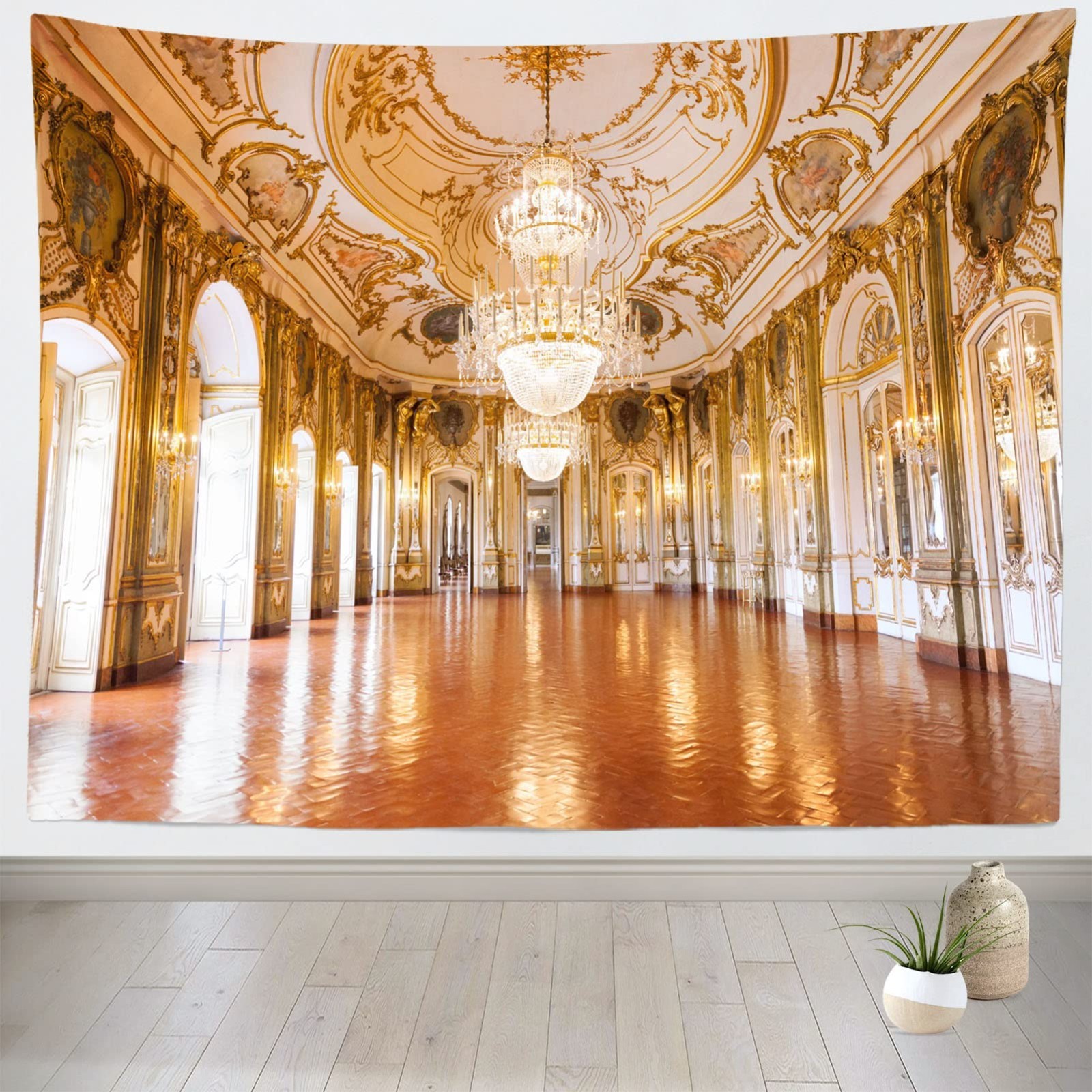 Luxurious 10x8ft Palace Backdrop for Photography – Golden Chandelier Hall Decor,