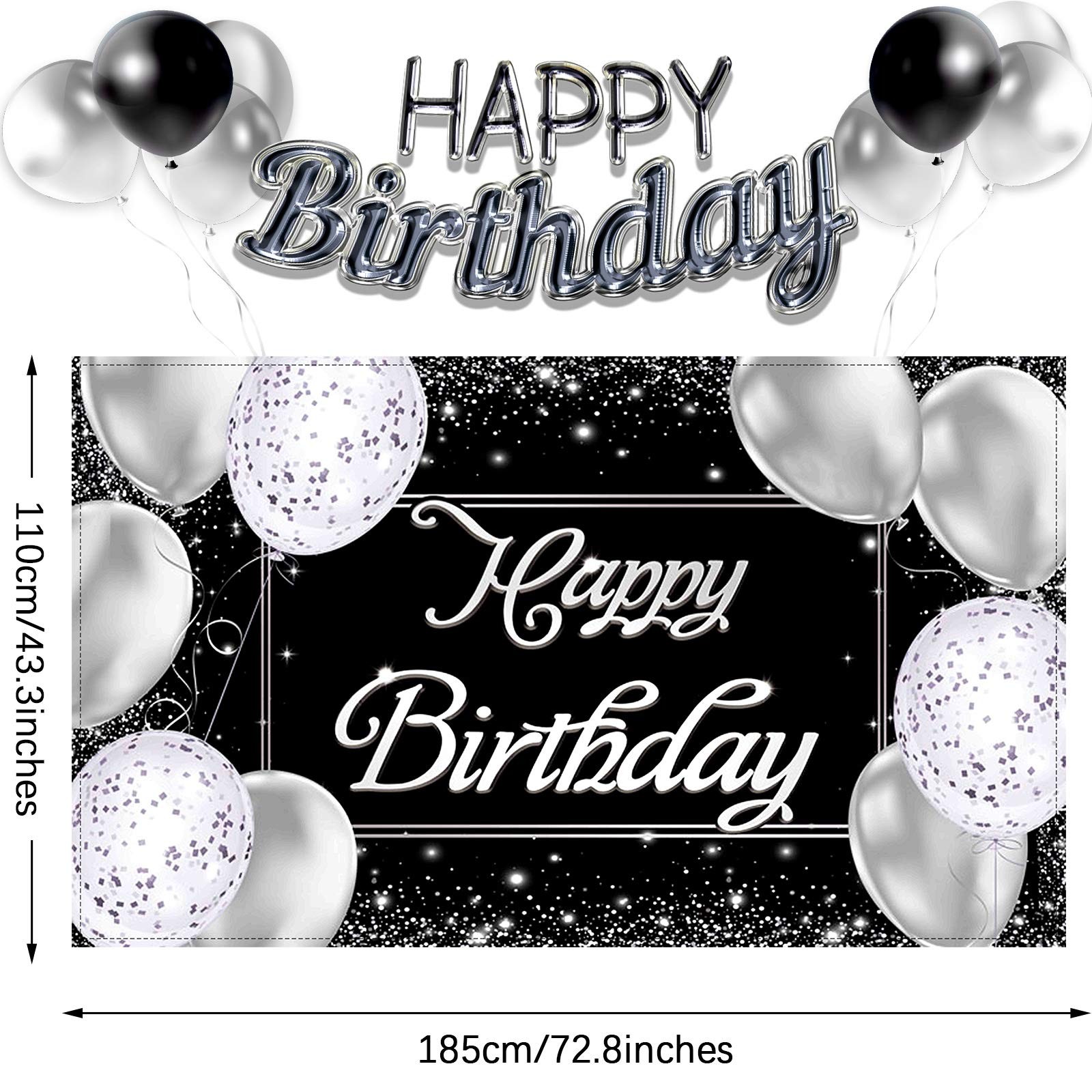 Silver Black Birthday Party Backdrop Silver Black Happy Birthday Banner Silver