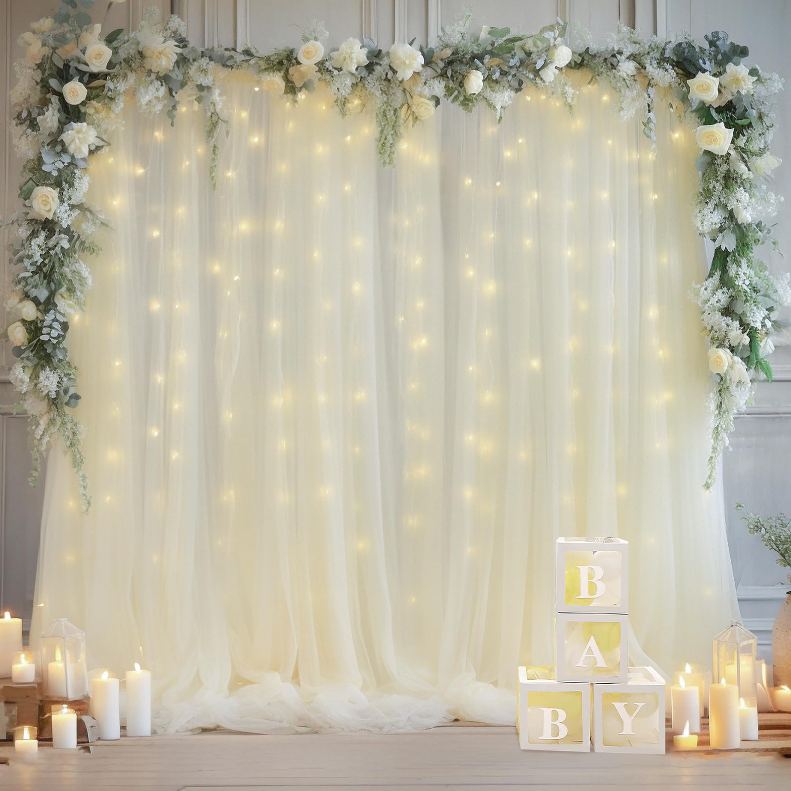 10×10 Ft Cream White Tulle Backdrop Curtain With Lights Sheer Photo