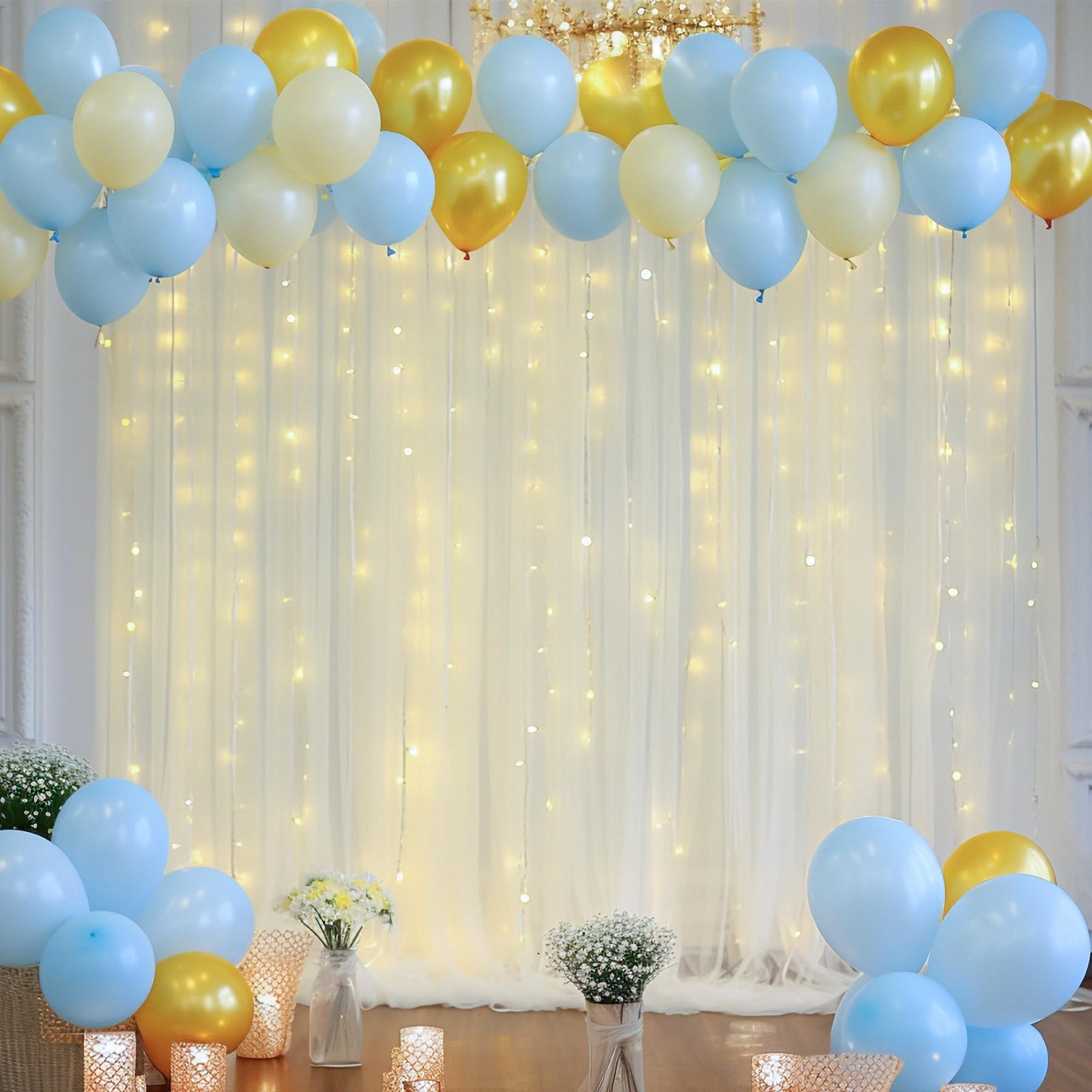 10 x 8 Ft Ivory Tulle Curtain Backdrop Lights String Wedding Photo Baby Shower