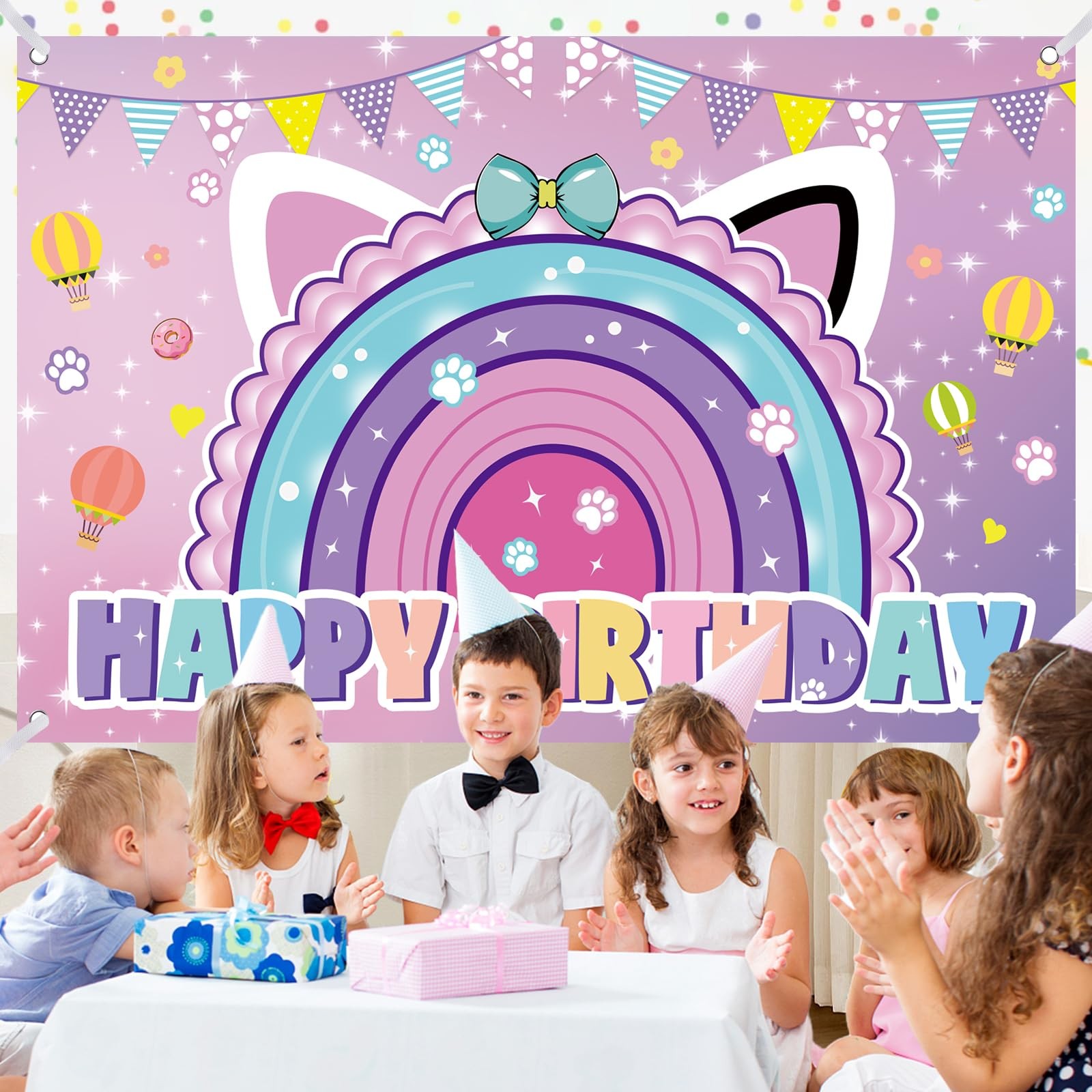 Cartoon Cat Theme Happy Birthday Photography Backdrop, 7x5ft Rainbow Backgrou…