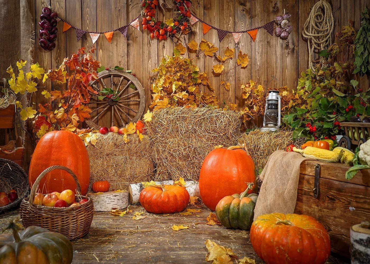 10X8FT Fall Thanksgiving Backdrop Rustic Wooden Floor Barn Golden Pumpkin Har…