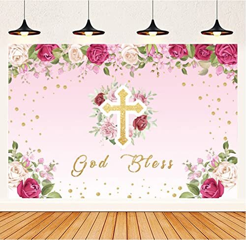 Pink Flower Girl God Bless Backdrop Baptism First Communion 7x5Ft Party Decor