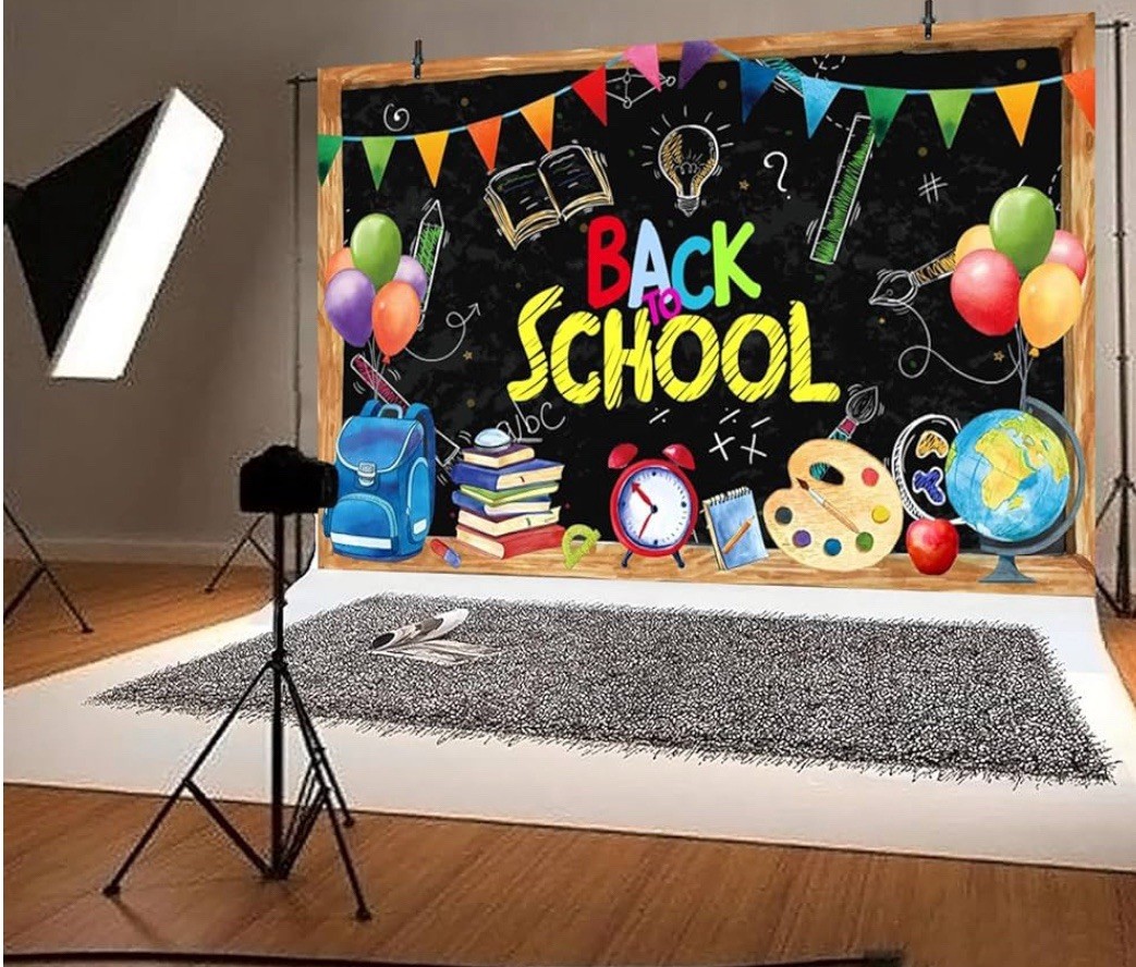 NEW Back To School BackDrop Chalkboard Backpack Globe Photo Prop 10ft x 8ft
