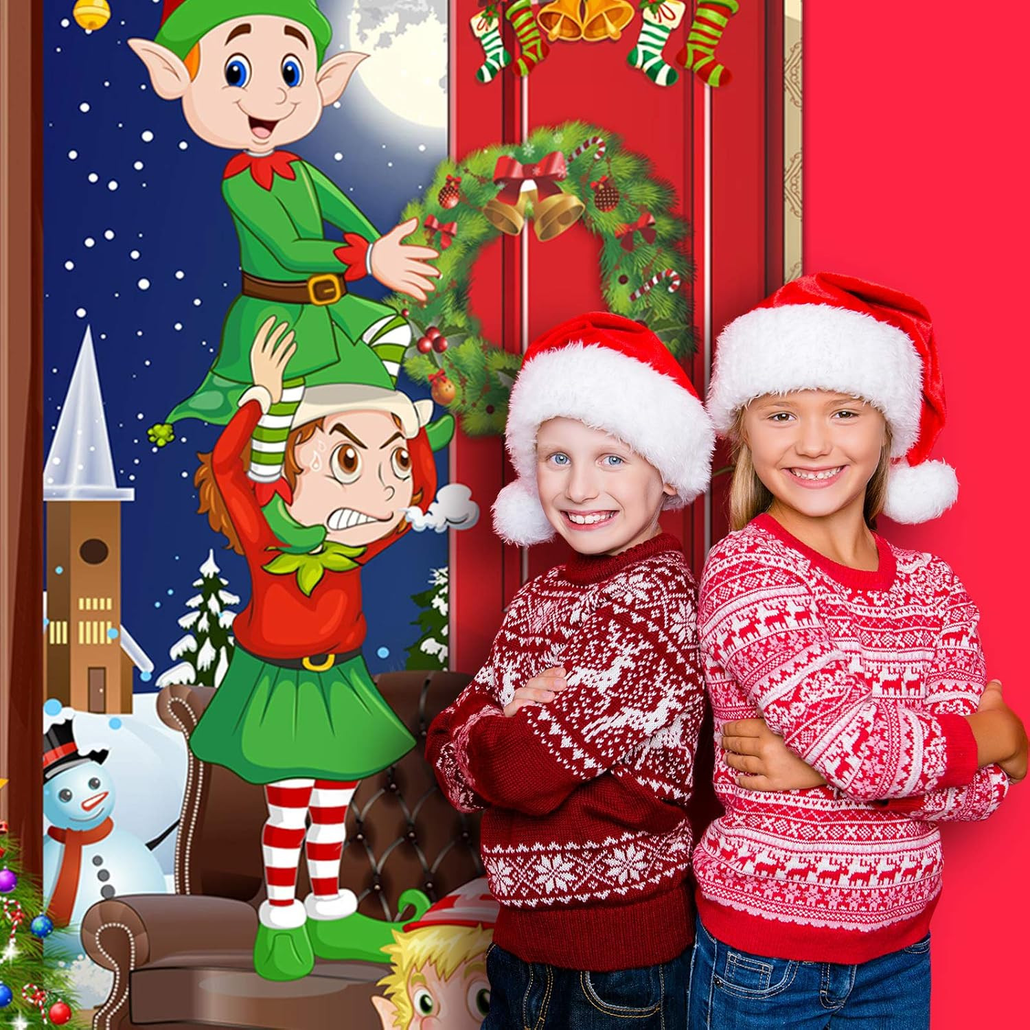 Funny Elves Fabric Door Backdrop – Santa Christmas Photo Booth Backdrop Banner a