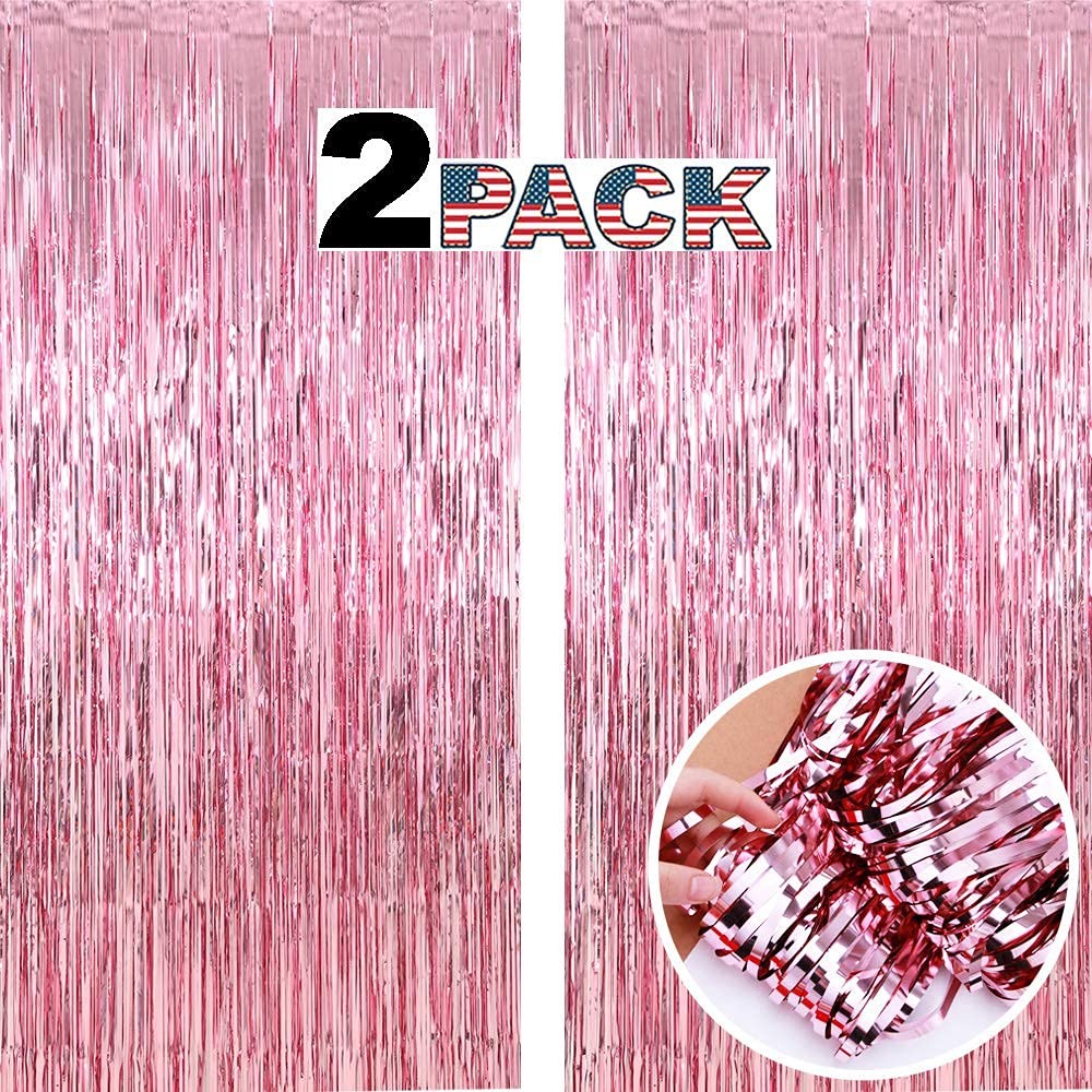 2 PCS 6.5×8.2ft Pink Foil Fringe Tinsel Curtains for Birthday Party Backdrop