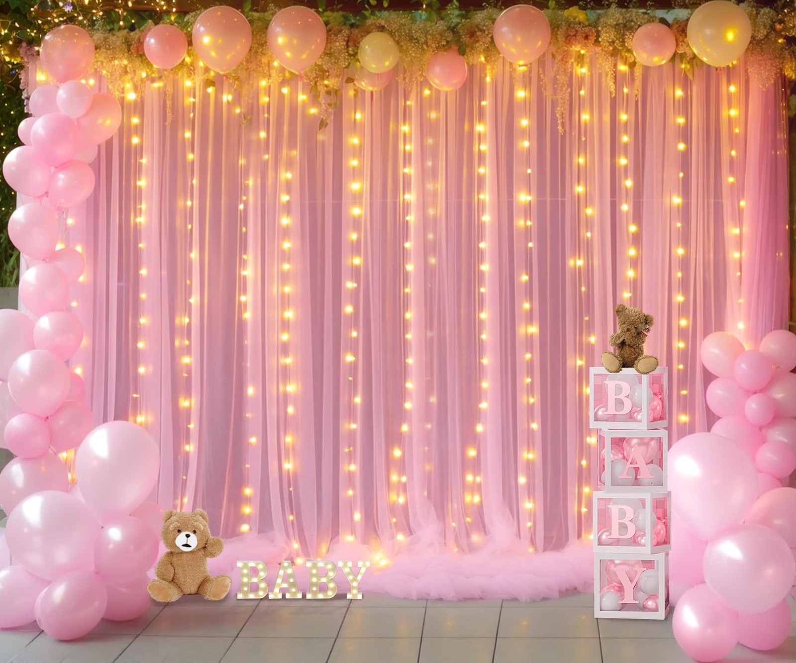 10×10 FT Baby Pink Tulle Photo Backdrop Curtain String Lights Wedding Party
