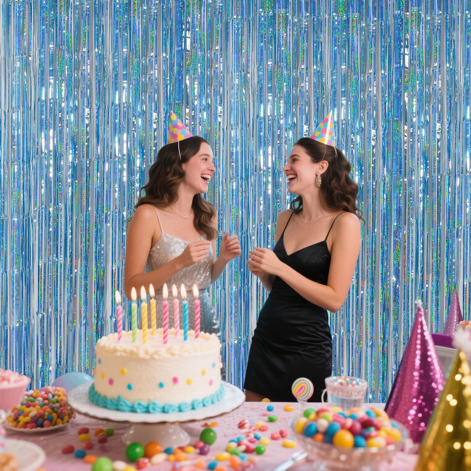 Light Blue Metallic Streamer Backdrop with Glitter Tinsel,3.28 x 6.56ft Foil …