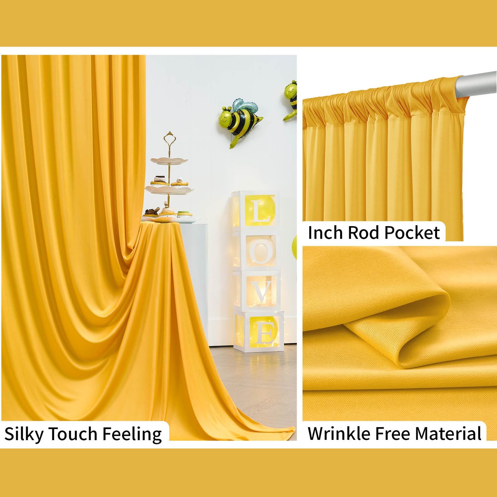 10×10 Ft Wrinkle Free Yellow Backdrop Curtain Polyester 2 Panels 5×10 Ft Party