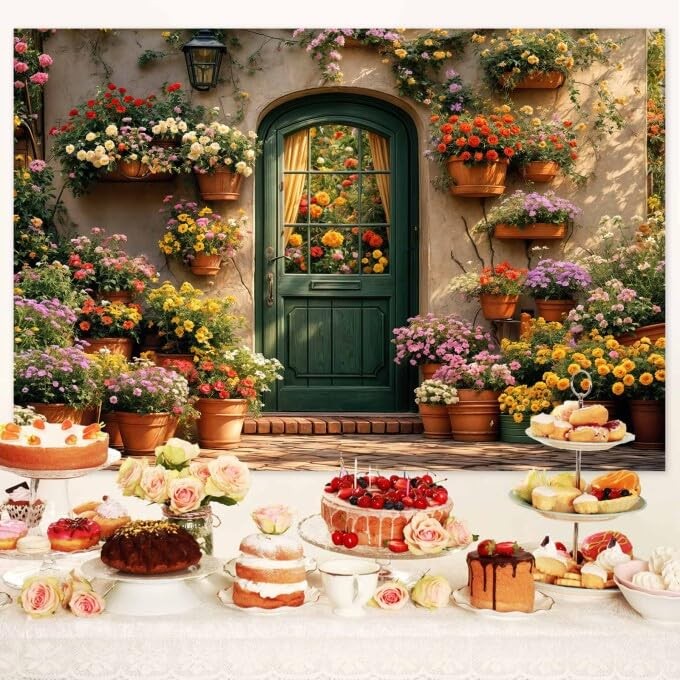 Floral Photography Backdrop Spring Garden Wooden Door Photo Props 7×5 Feet