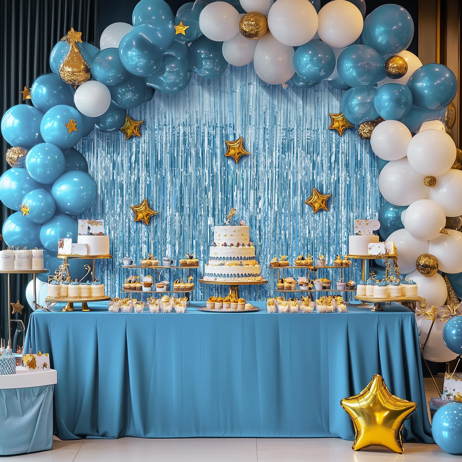 2 Pack Light Blue Fringe Backdrop, 3.2×8.2ft Shining Foil Tinsel Curtains, Bi…