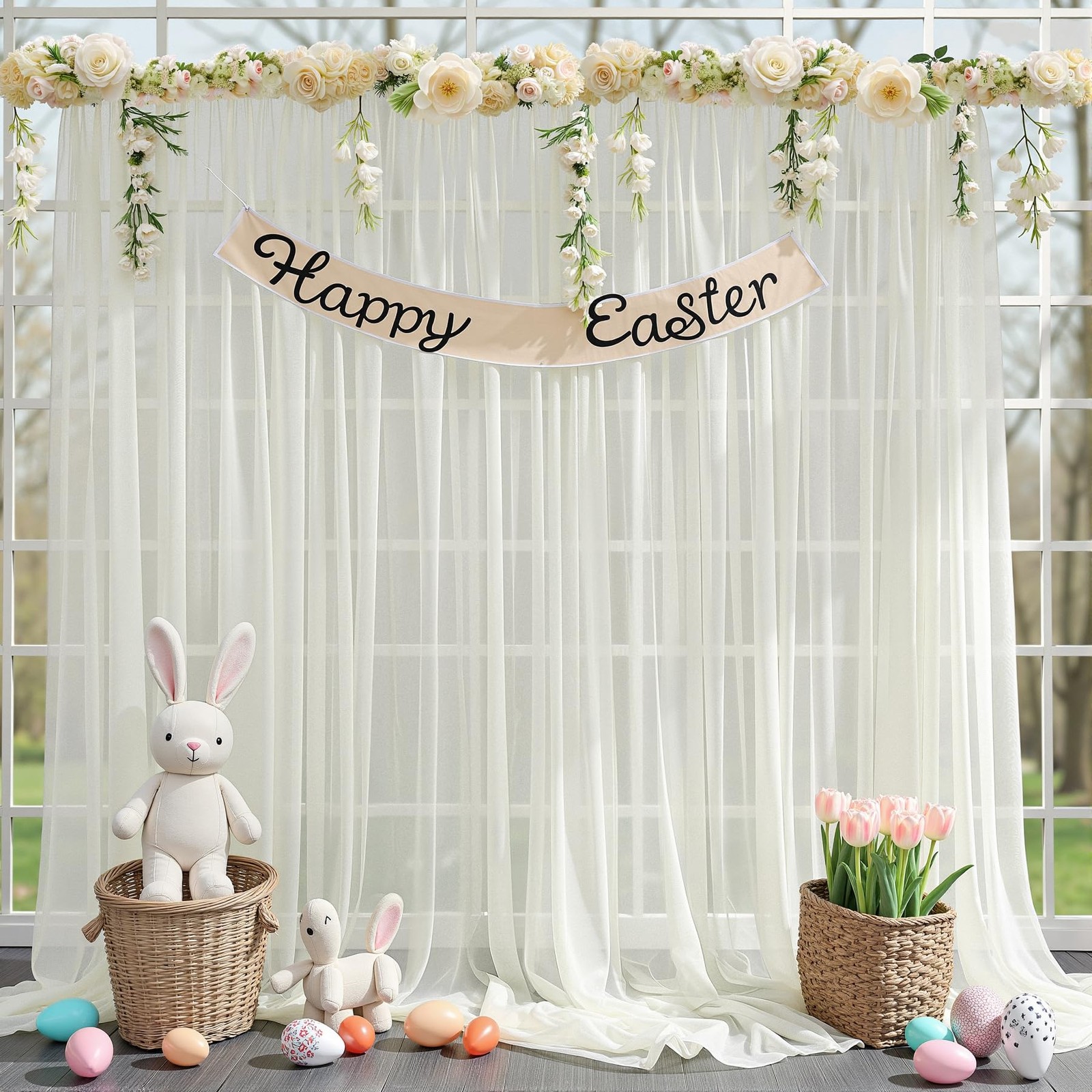 10×10 FT Ivory Sheer Tulle Backdrop Curtains Wedding Photo Drapes 2 PCS