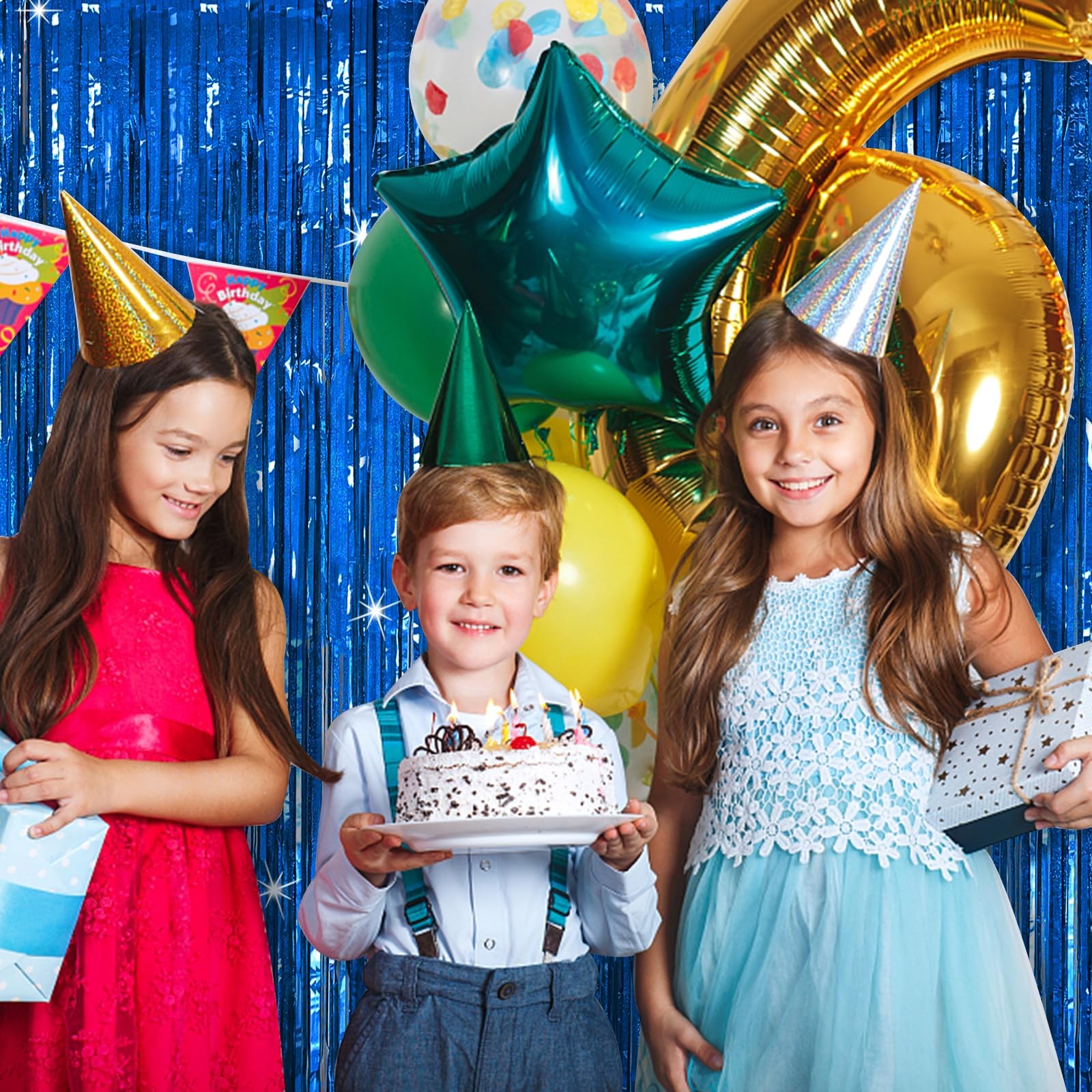 Tinsel Curtain Party Backdrop Blue Birthday Party Decorations 2 Packs Glitter