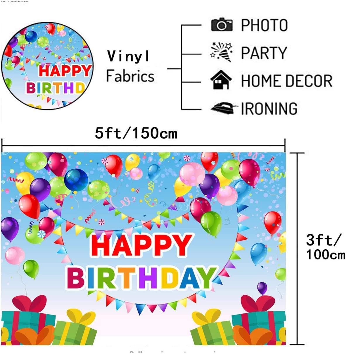 Colorful Happy Birthday Theme Photography Backdrop 5×3 feets, multicolor