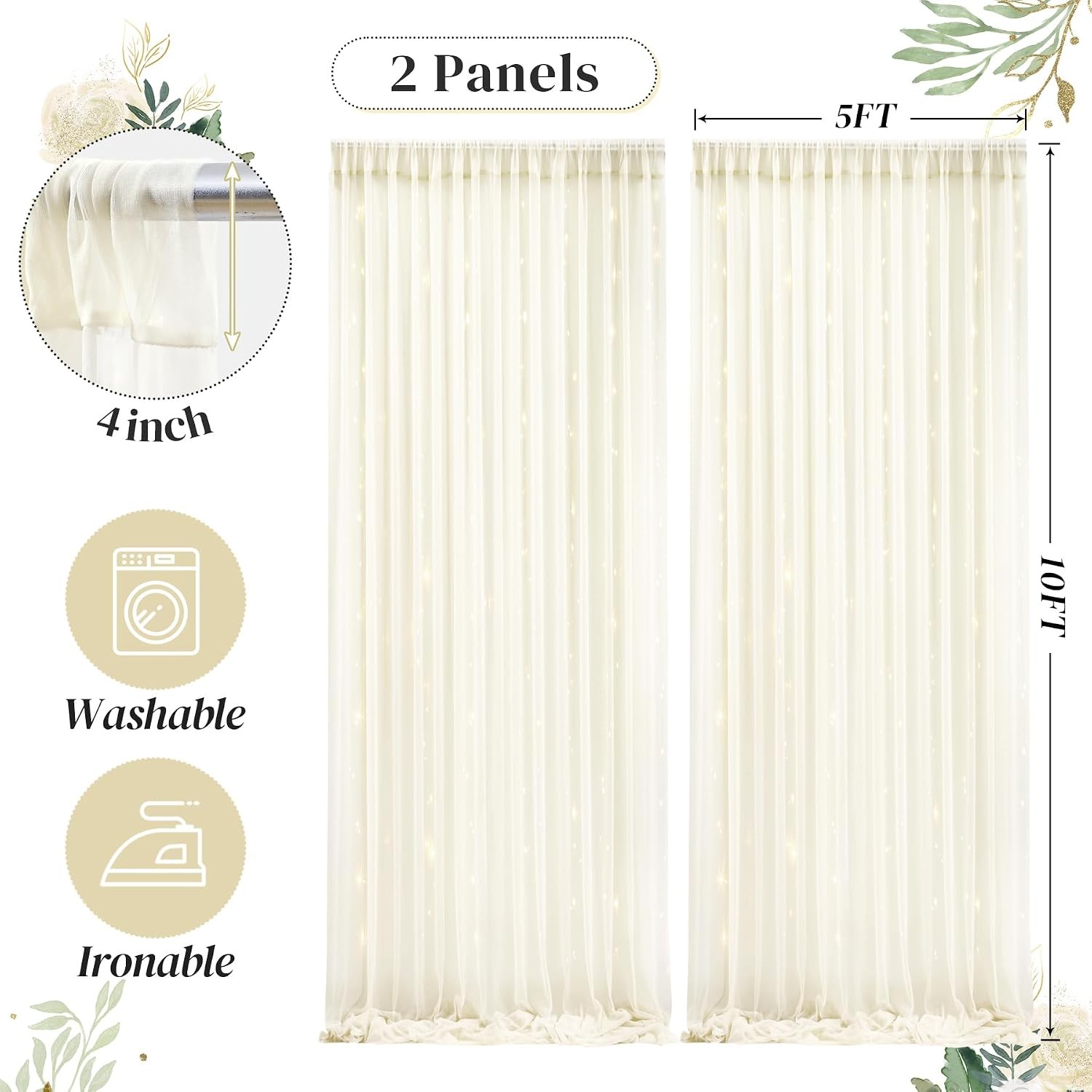10ft x 10ft Ivory Backdrop Curtain with Lights String for Parties Sheer Tulle
