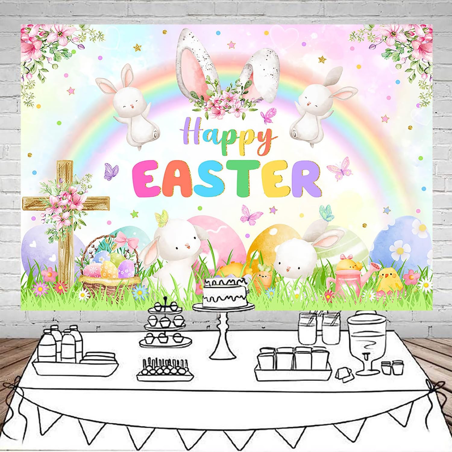 7x5ft Spring Easter Backdrop Banner Spring Rainbow Garden Happy Easter Backgroun