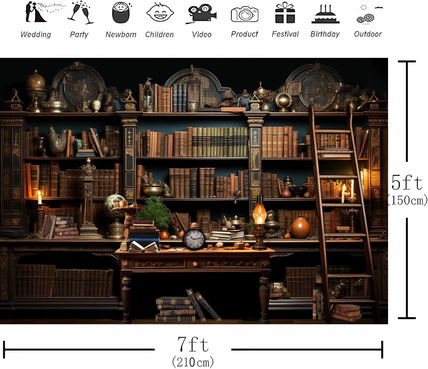 7X5FT Vintage Bookshelf Photography Backdrop Classical Study Room Medieval Books